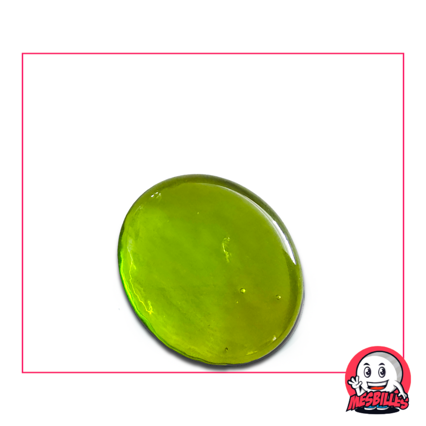 Canica plana translúcida verde-amarilla de 30 mm llamada Luz Verde-Amarilla, vendida por unidades en MisCanicas.com