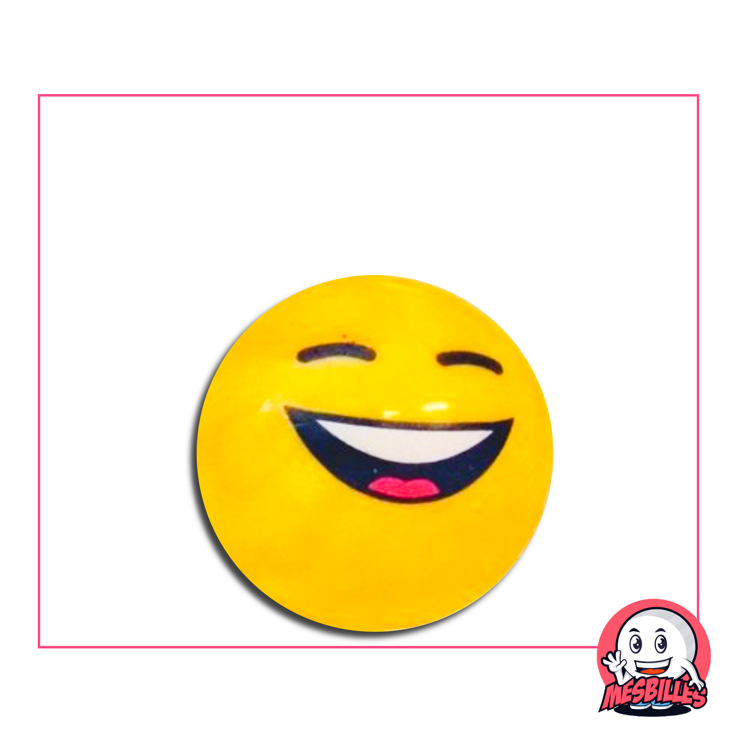 Canica amarilla con una gran sonrisa y los ojos alegremente cerrados, estilo emoji risueño