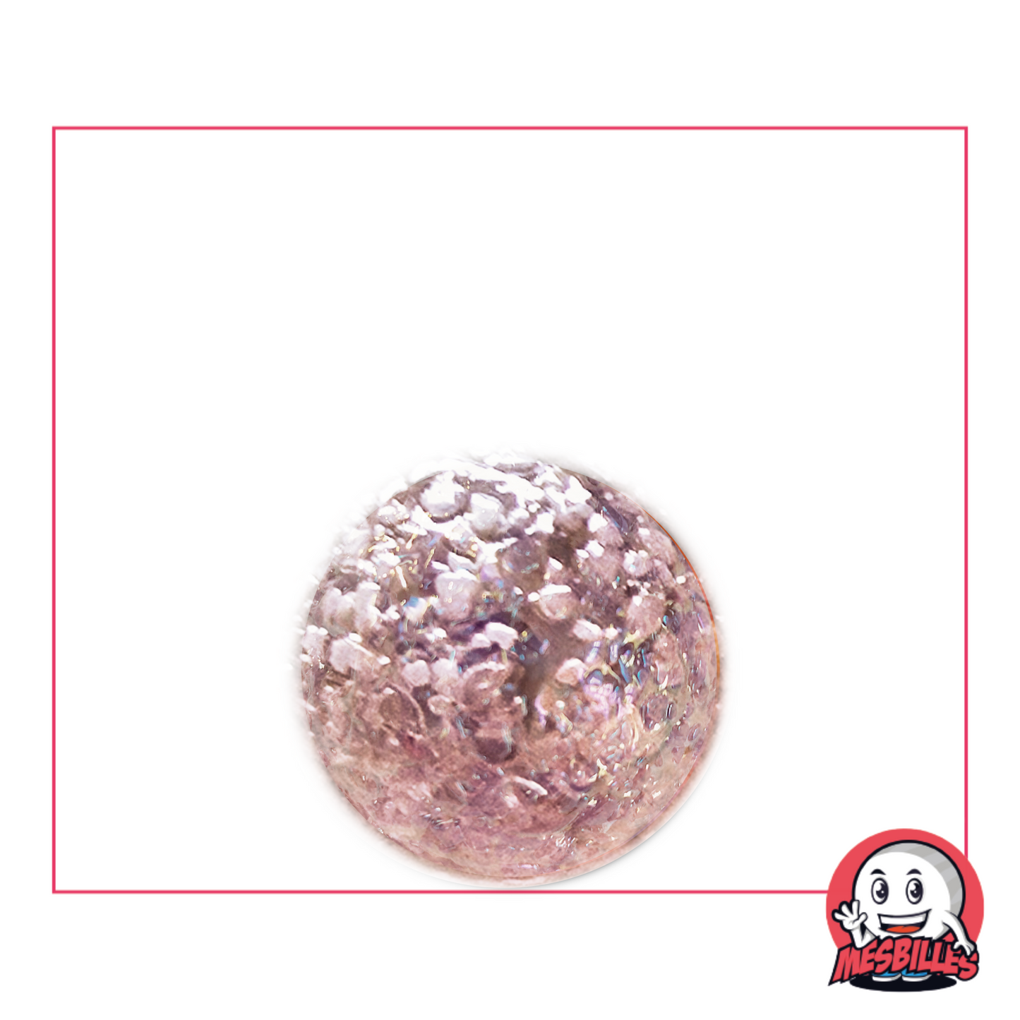 Canica de 16 mm con superficie texturizada, rosa nacarada e irisada, que evoca un planeta lejano cubierto de polvo de sílice