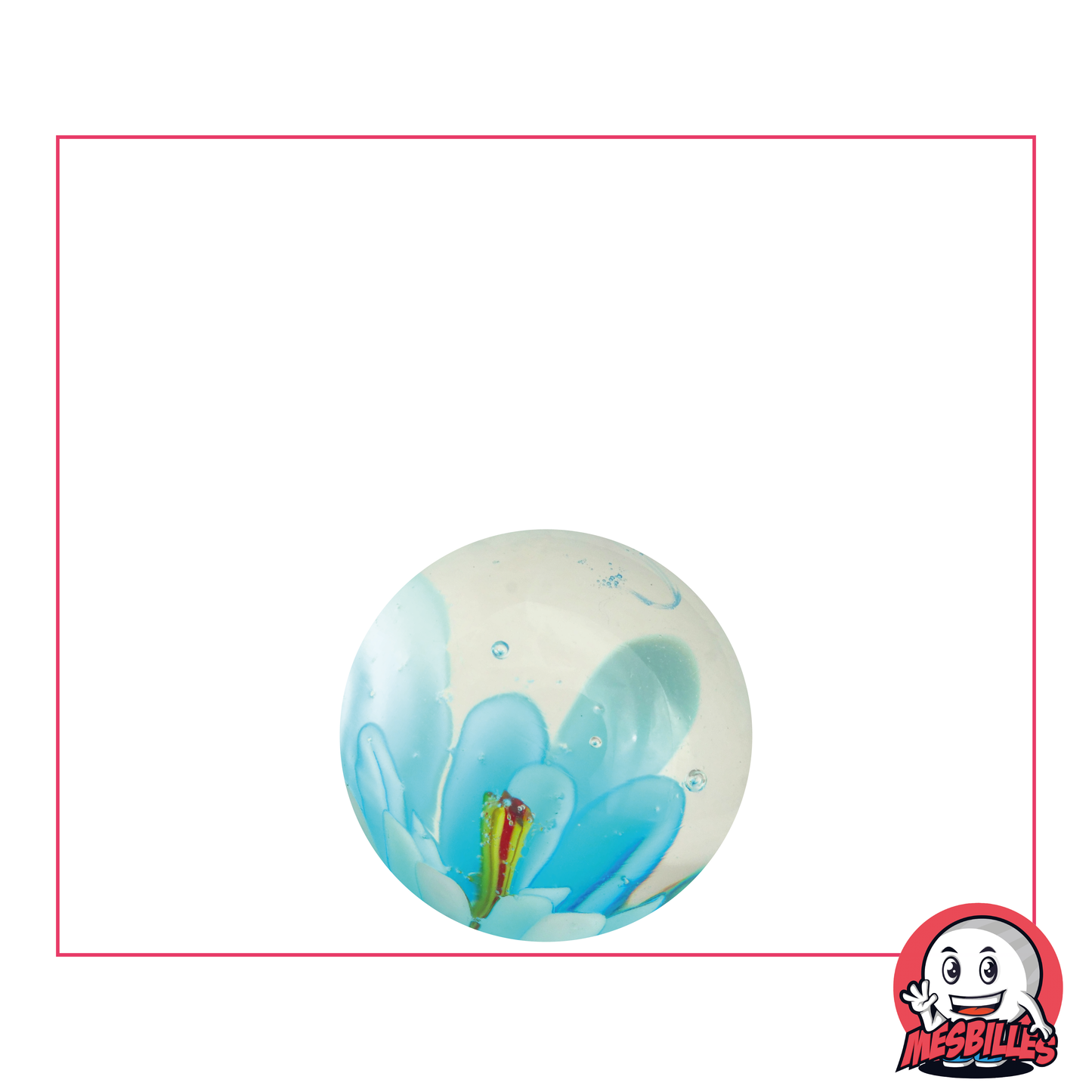 Canica Artística Flor 3D Turquesa de 16 mm, canica transparente con flor incrustada en el centro