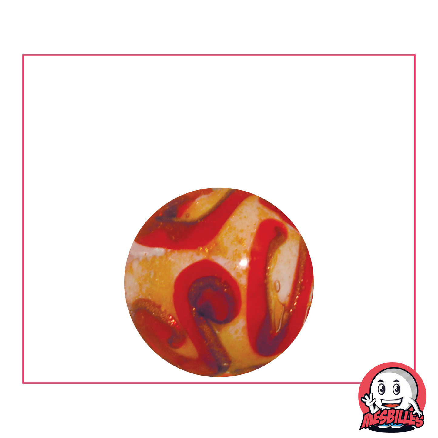 Canica de arte roja, canica creativa y decorativa con arabescos rojos y purpurina dorada.
