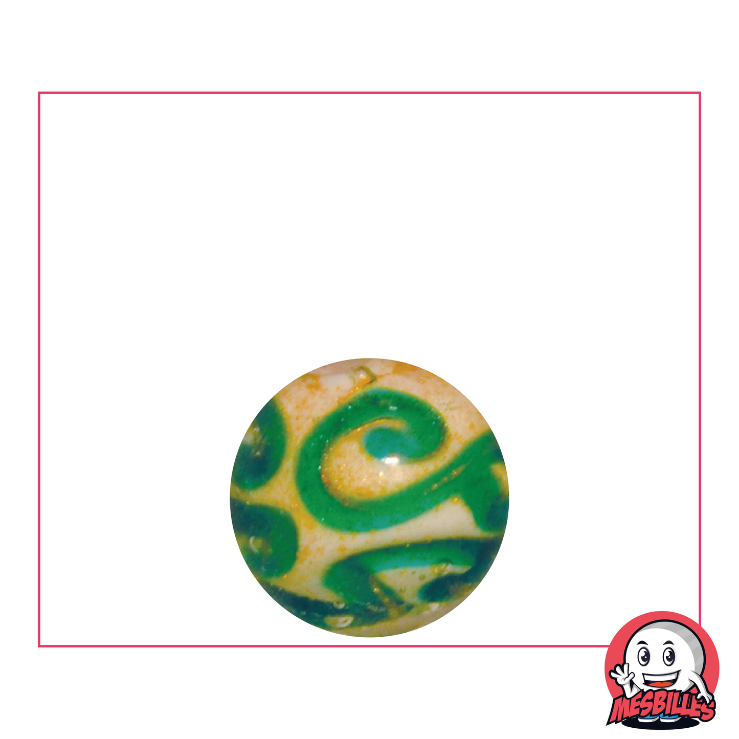 Canica artística de 16 mm, blanca con arabescos verdes y purpurina dorada - envío seguro