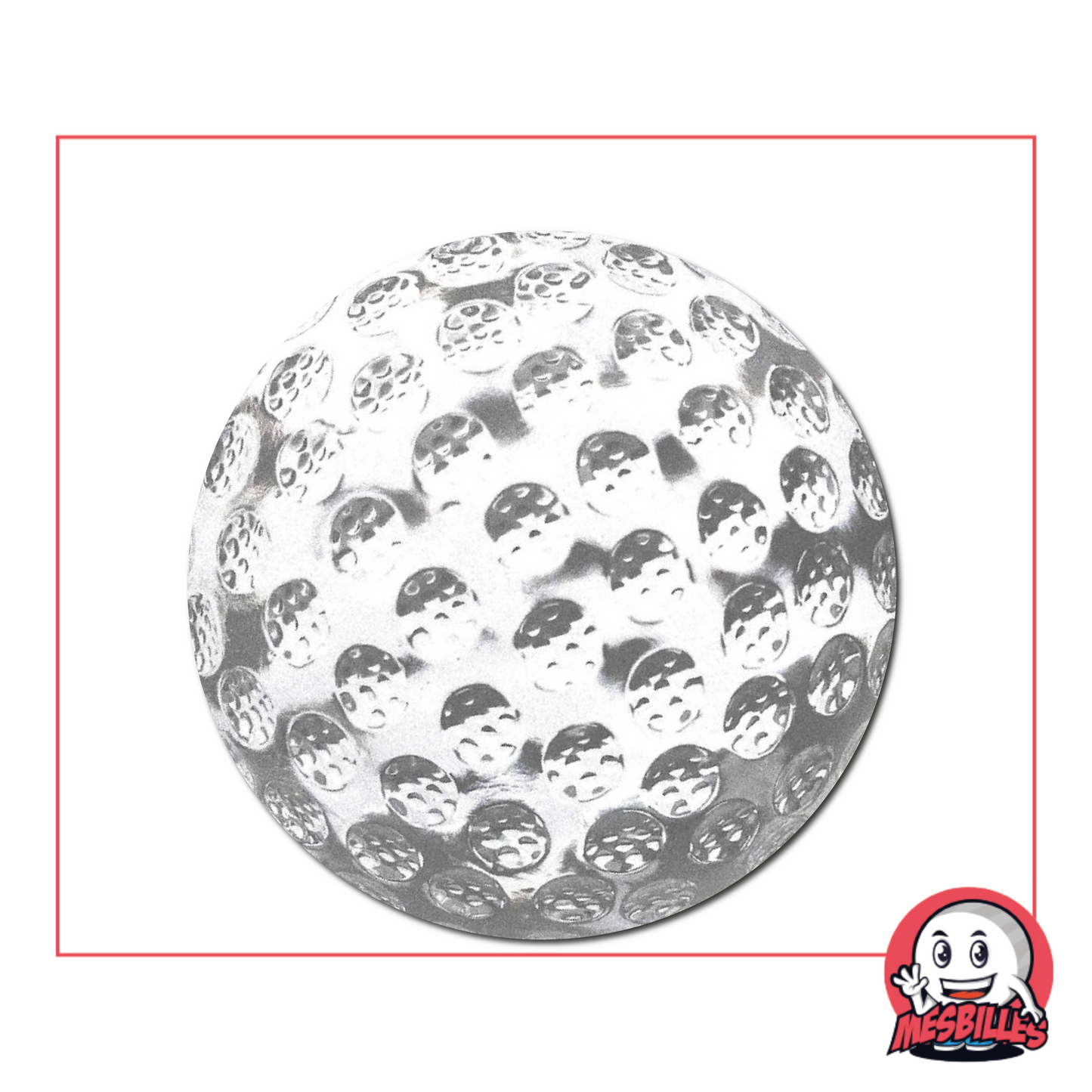 Foto de una canica redonda de 40 mm de cristal con relieve texturizado tipo pelota de golf, vendida por unidades en la tienda MisCanicas.