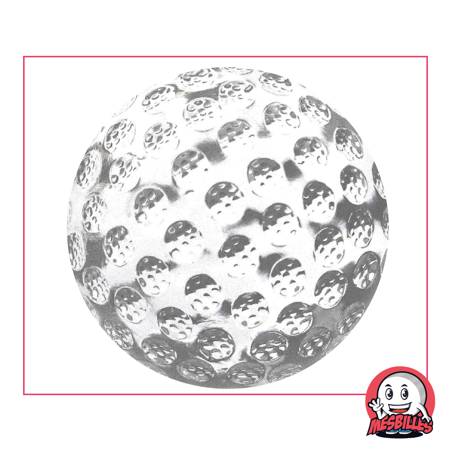 Foto de una canica de 60 mm de vidrio transparente, con relieve tipo pelota de golf, vendida por unidad en MisCanicas.