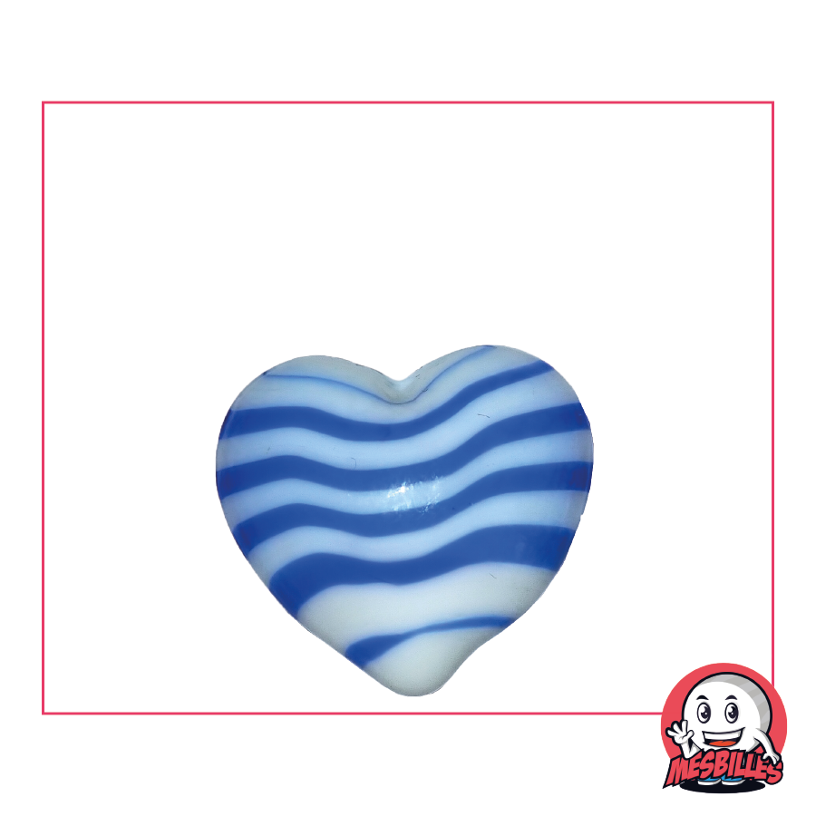 Canica con forma de corazón de vidrio opaco blanco con rayas azules, canica plana de 25 mm, MisCanicas