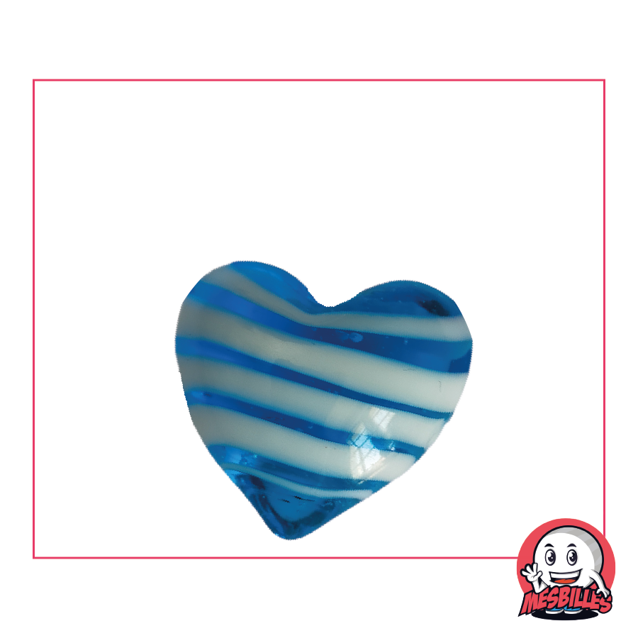 Canica con forma de corazón de cristal translúcido azul intenso con rayas blancas, canica plana de 25 mm, MisCanicas