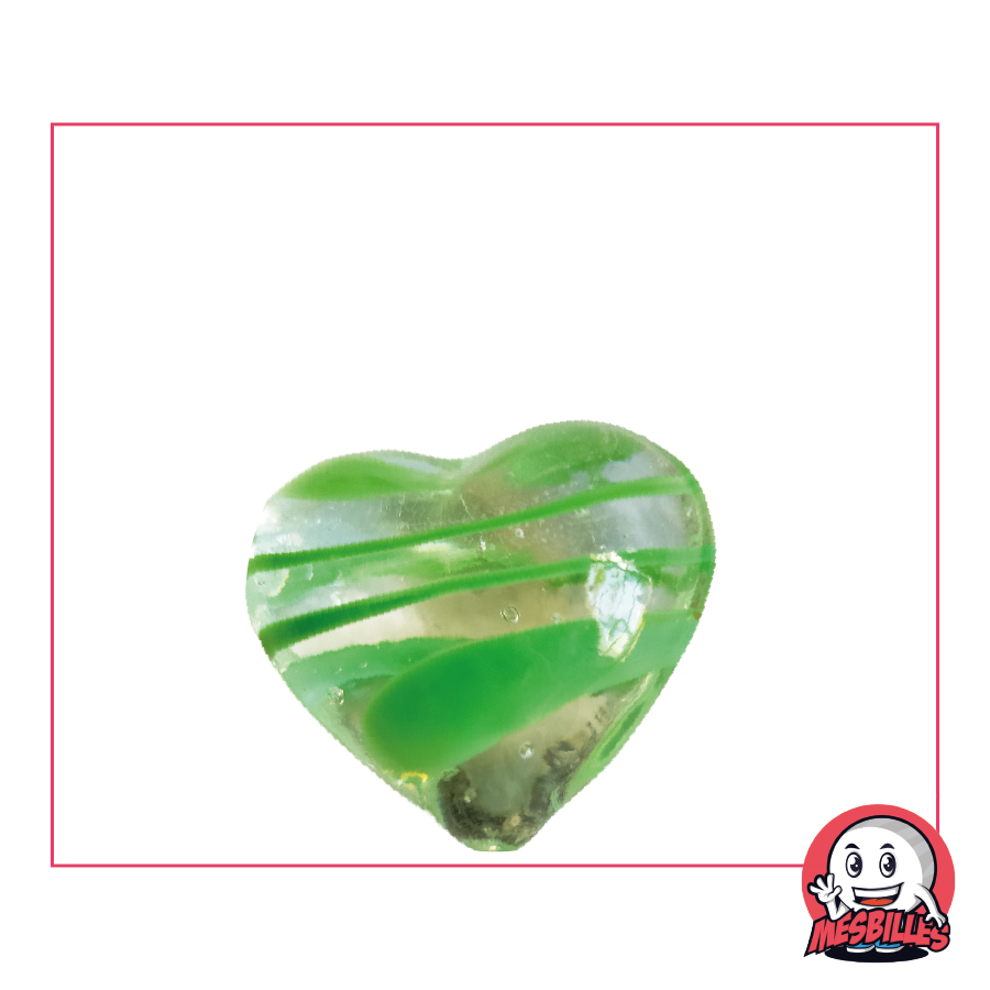 Canica con forma de corazón de cristal translúcido rayado de verde, canica plana de 25 mm, MisCanicas