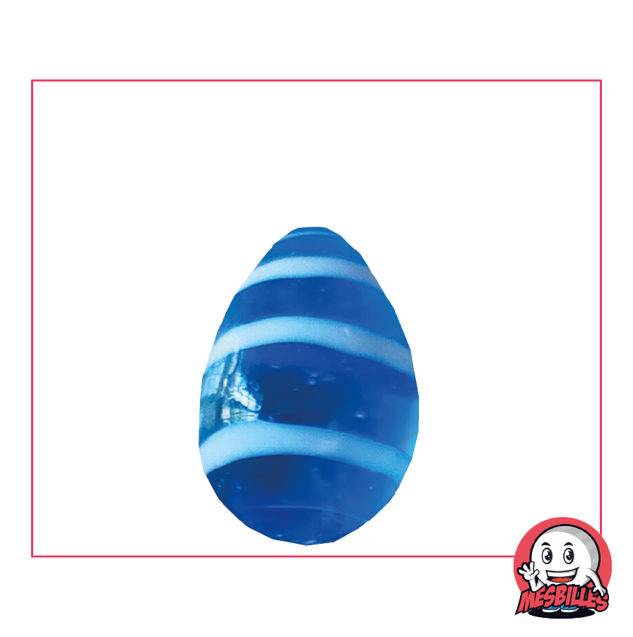 Canica Ovoide MesBilles, forma poco convencional, cristal azul intenso rayado en blanco y azul, 25 mm