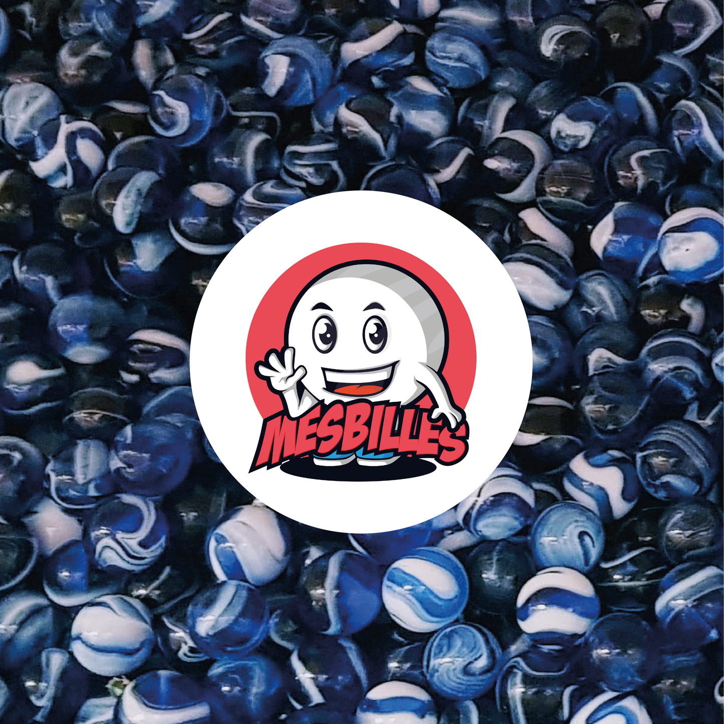 Imagen de la mascota MisCanicas rodeada de canicas Spot de 25 mm - Vidrio translúcido azul con rayas blancas