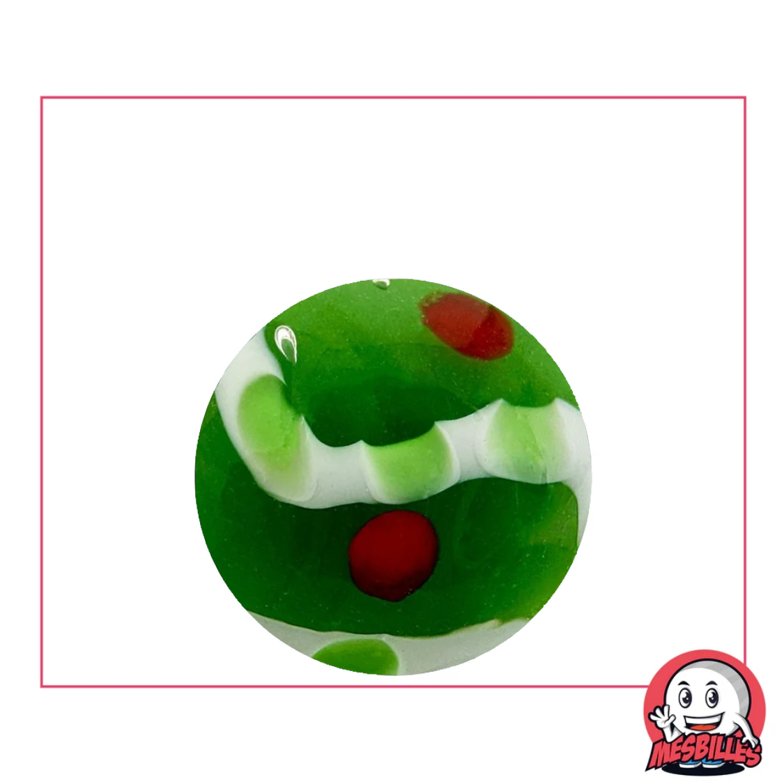 Canica de arte Green Fiesta de cristal de 22 mm, color verde con motivos rojos y blancos