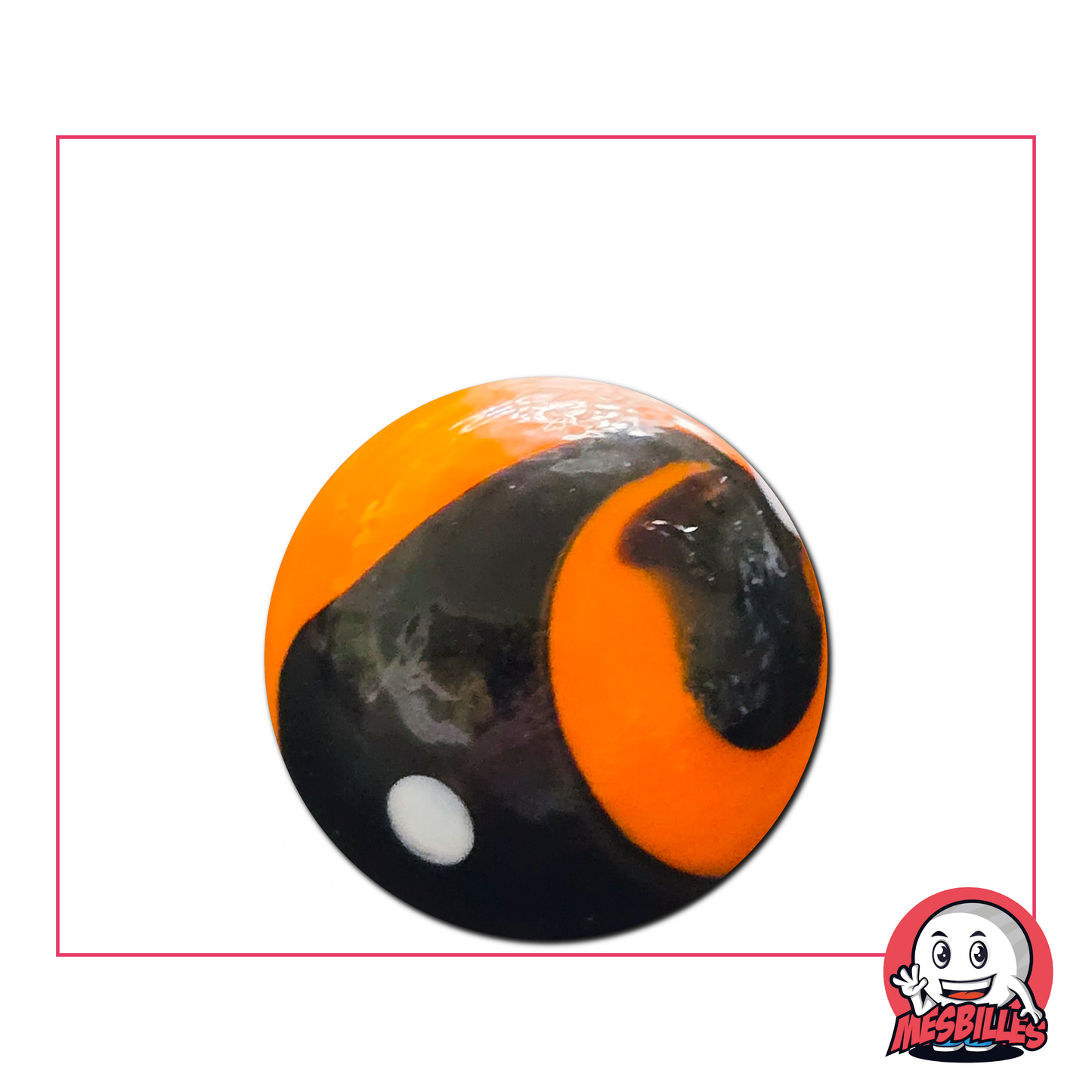 Canica Big Bang naranja y negra de 25 mm: canica redonda de cristal con un motivo llamativo y contrastado