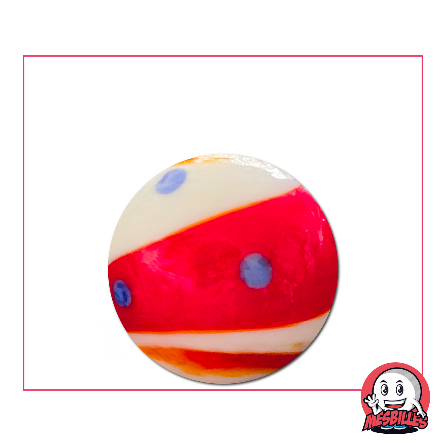 Canica Big-Bang roja y azul 25 mm - canica de cristal blanco con lunares azules y banda roja artística