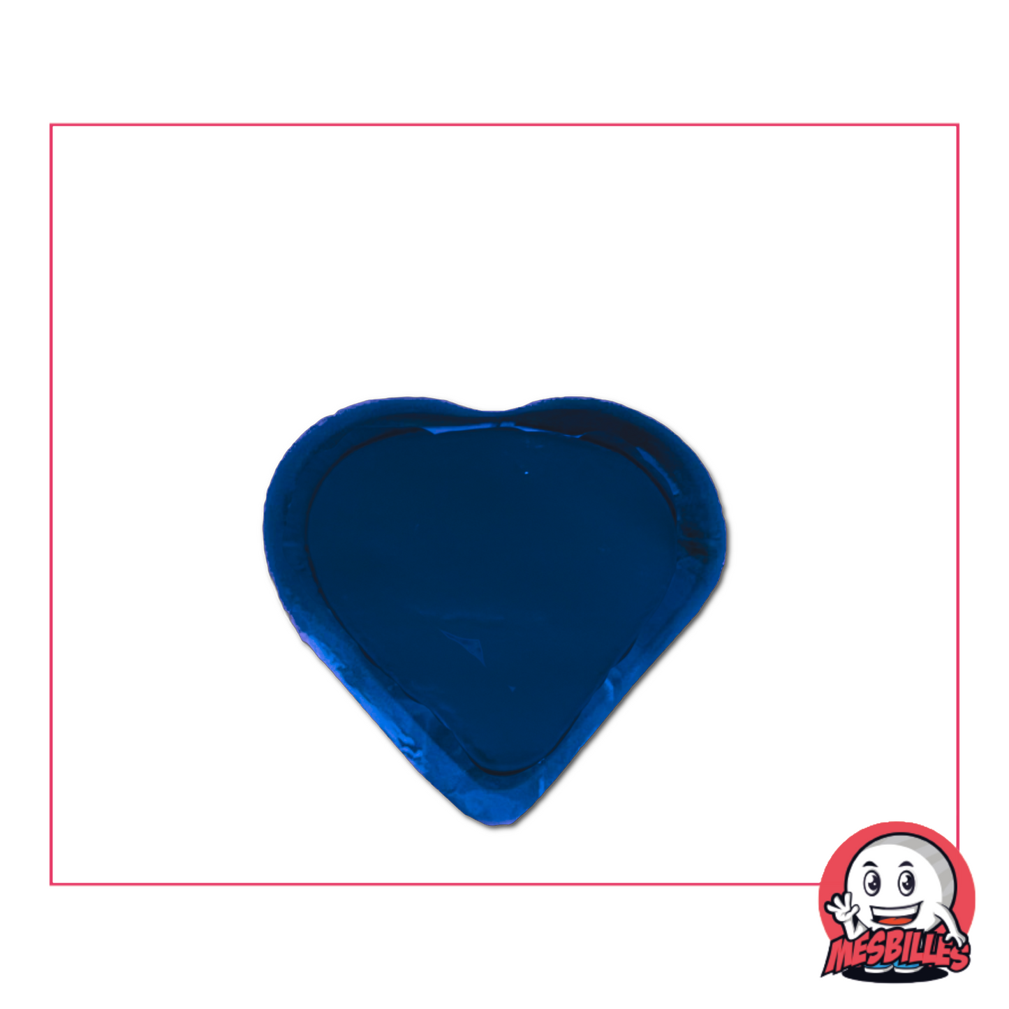 Foto de una canica en forma de corazón, de vidrio soplado azul noche, vendida por unidad en la tienda MisCanicas.