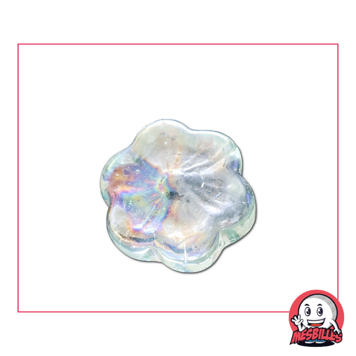 Foto de una canica plana con forma de flor Cosmos de cristal cristalino, 2,5 cm, con reflejos nacarados, vendida por unidad en MisCanicas.