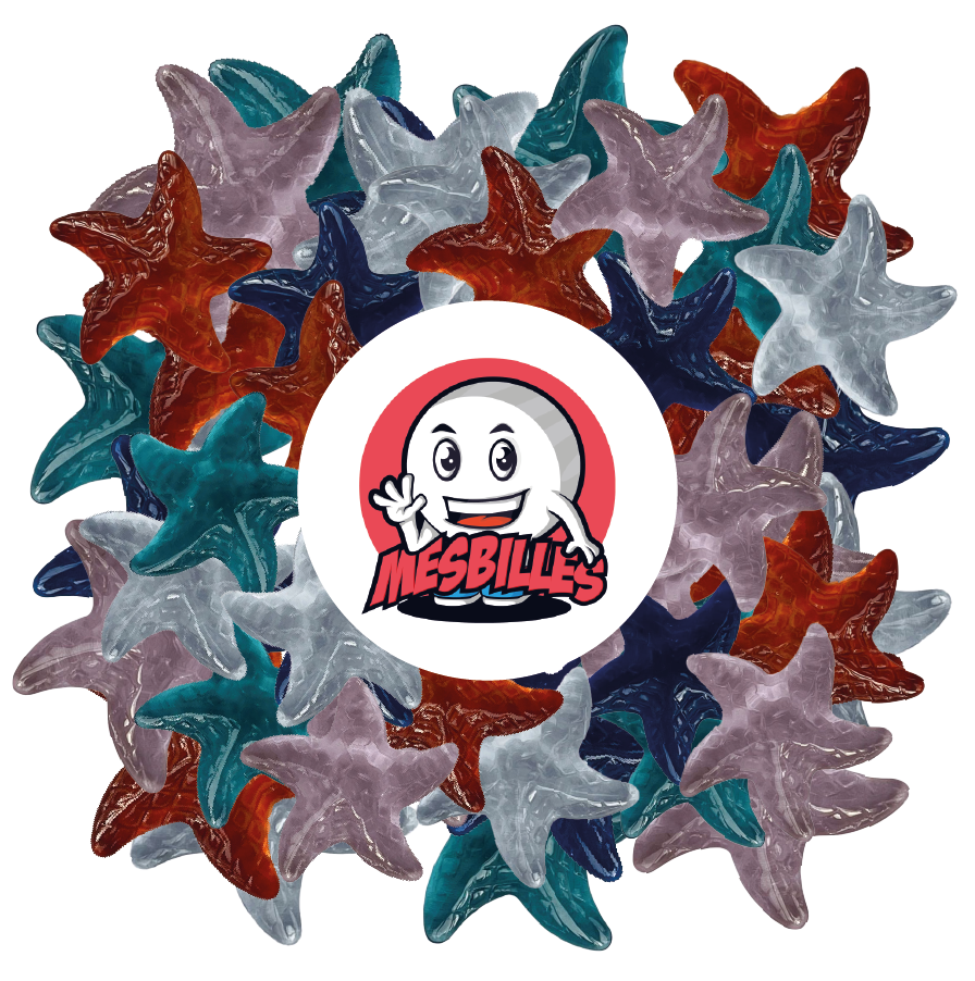 Imagen de la mascota MisCanicas rodeada de Canicas Extraplanas Estrella de Mar en Vidrio Translúcido Cristal - MisCanicas