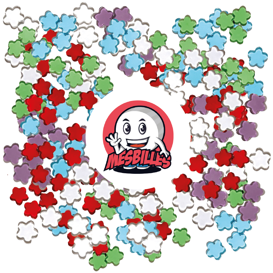 Imagen de la mascota MisCanicas rodeada de canicas Extraplanas Flor en cristal translúcido verde - MisCanicas