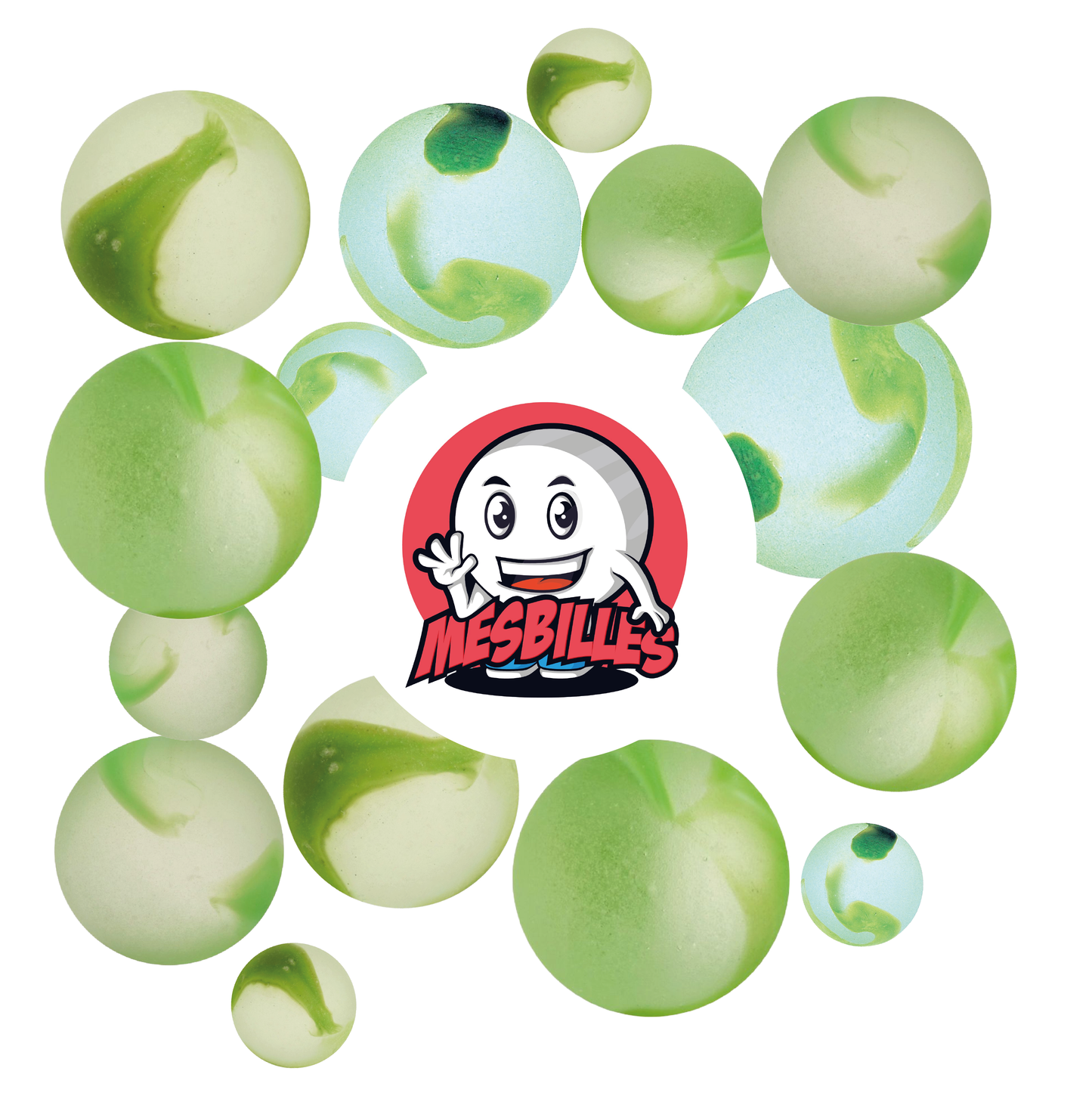Imagen de la mascota MisCanicas rodeada de canicas Esmeriladas - Canica de vidrio Esmerilada con rayas verdes 22 mm MisCanicas