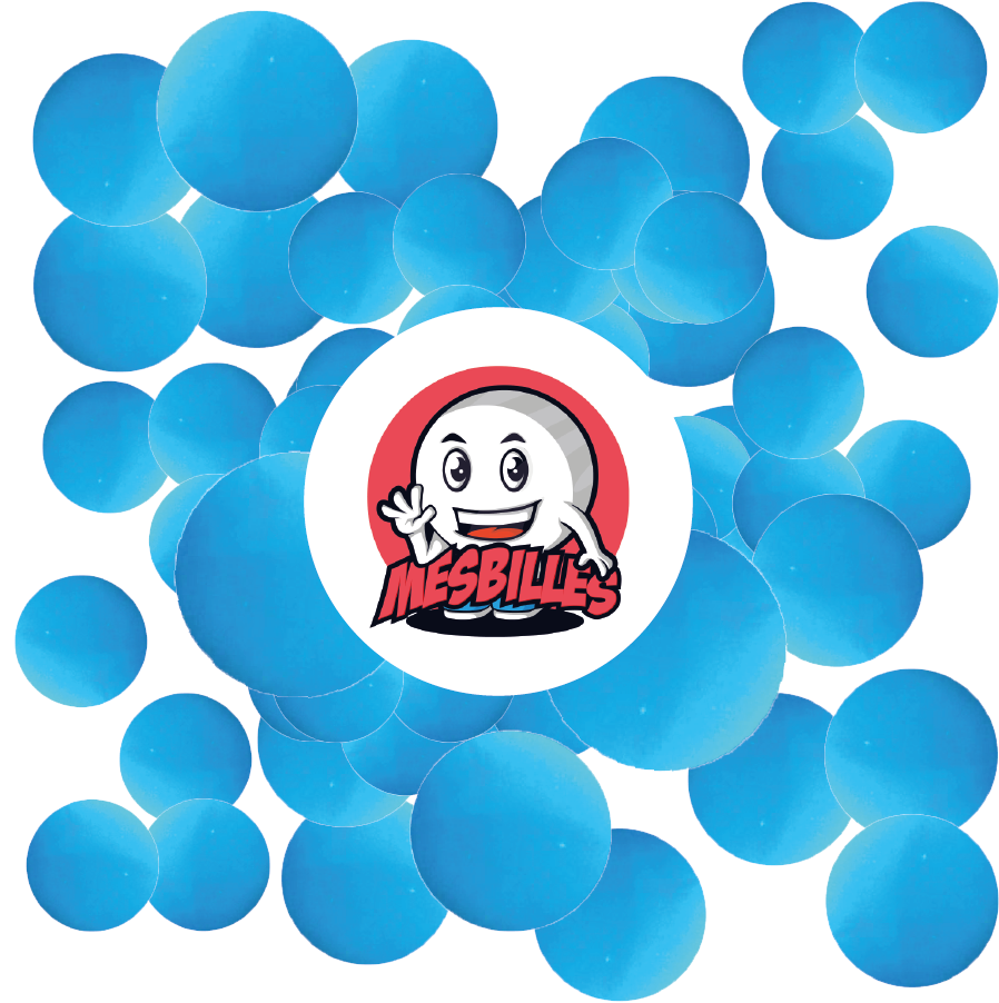 Imagen de la mascota MisCanicas rodeada de canicas perla de 14 mm - Vidrio opaco azul claro que evoca el océano