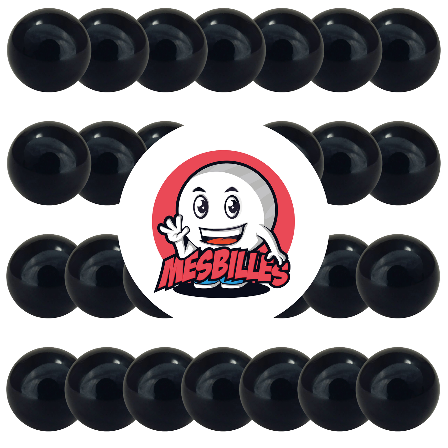 Imagen de la mascota MisCanicas rodeada de canicas opacas negras de 14 mm - Canica de vidrio redonda