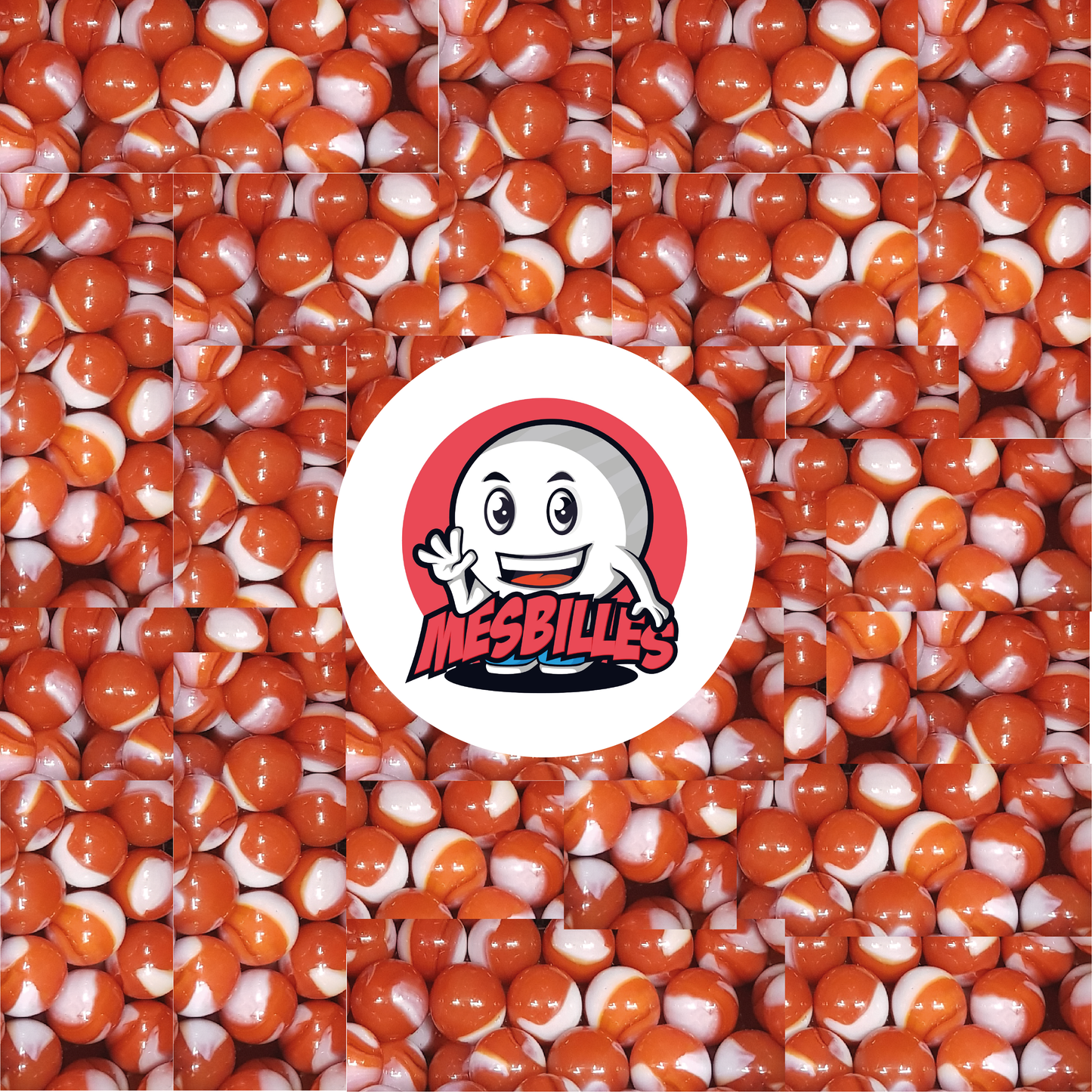 Imagen de la mascota MisCanicas rodeada de canicas Junon de 14 mm de color naranja con trazos blancos