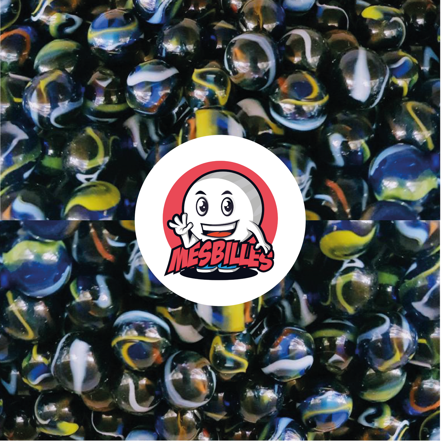 Imagen de la mascota MisCanicas rodeada de canicas Miguel Ángel de cristal azul, con rayas rojas, blancas y amarillas, 50 mm