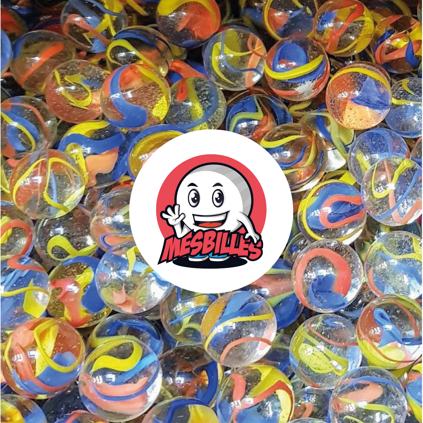 Canicas Fusion de colores rojo, amarillo y azul en vidrio transparente - Imagen de la mascota MisCanicas rodeada de canicas Perroquet de 14 mm