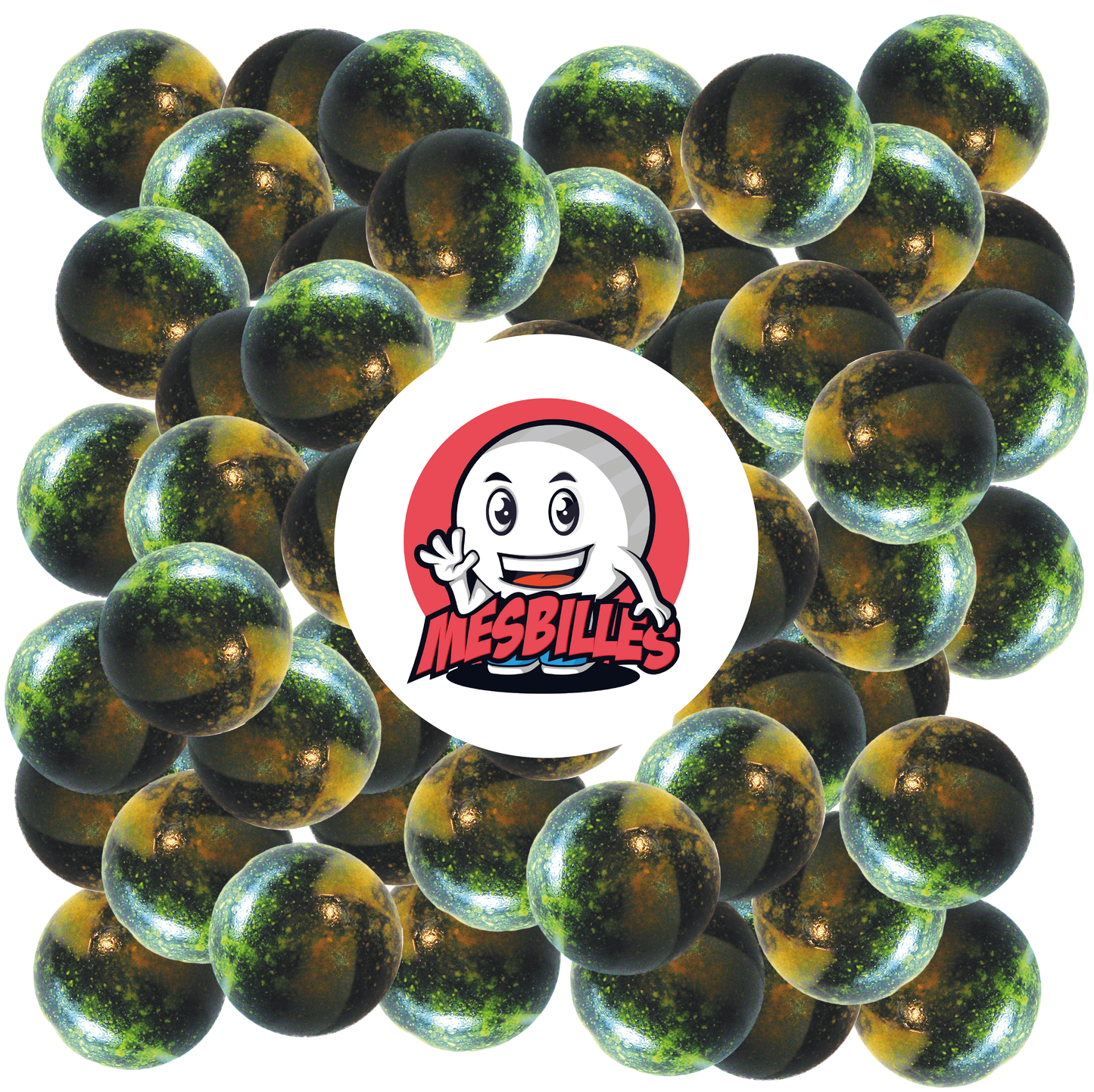 Imagen de la mascota MisCanicas rodeada de canicas Plutón de 14 mm, cristal opaco negro con manchas amarillas