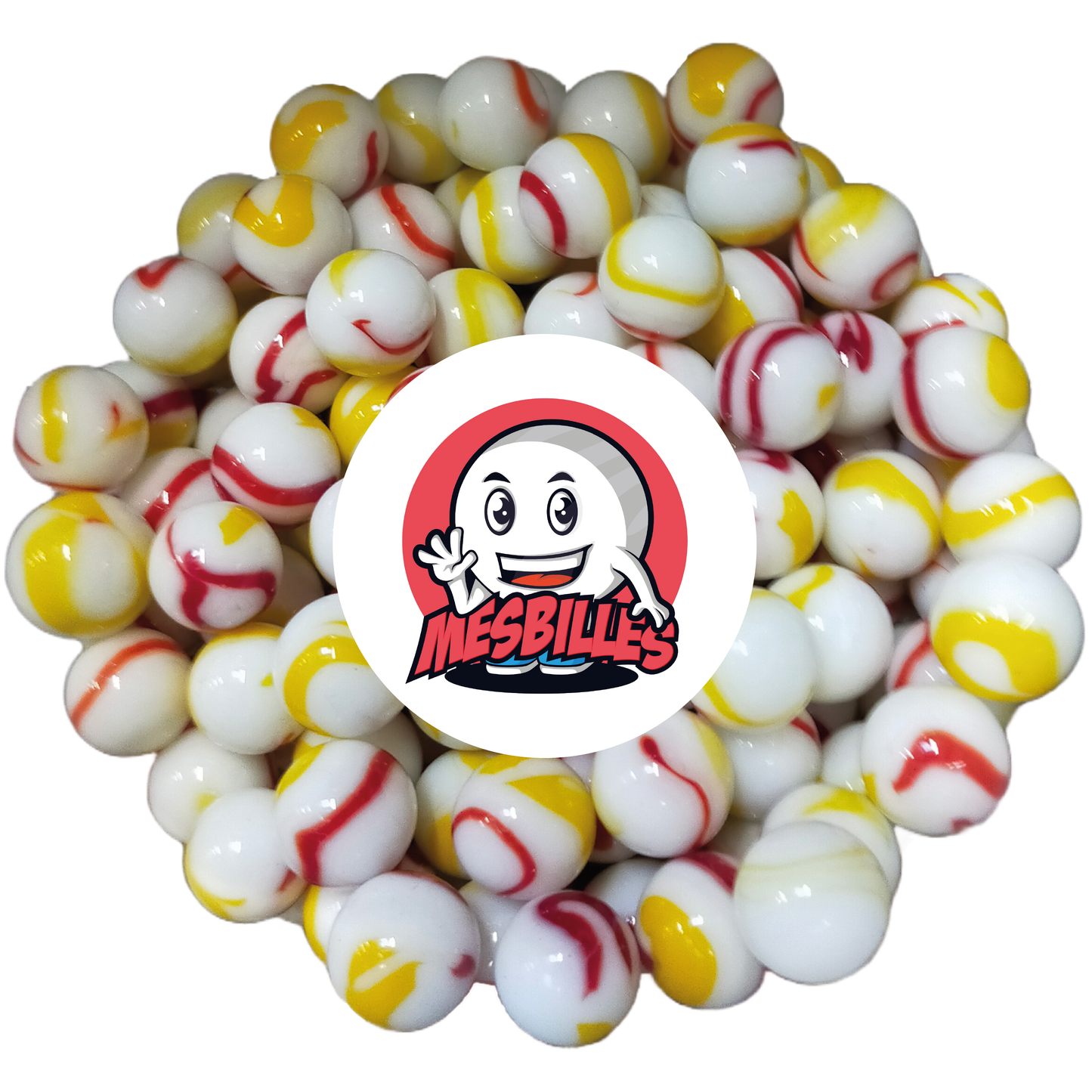 Imagen de la mascota MisCanicas rodeada de canicas Tigre Rojo 50 mm - Vidrio opaco blanco con vetas naranjas y rojas