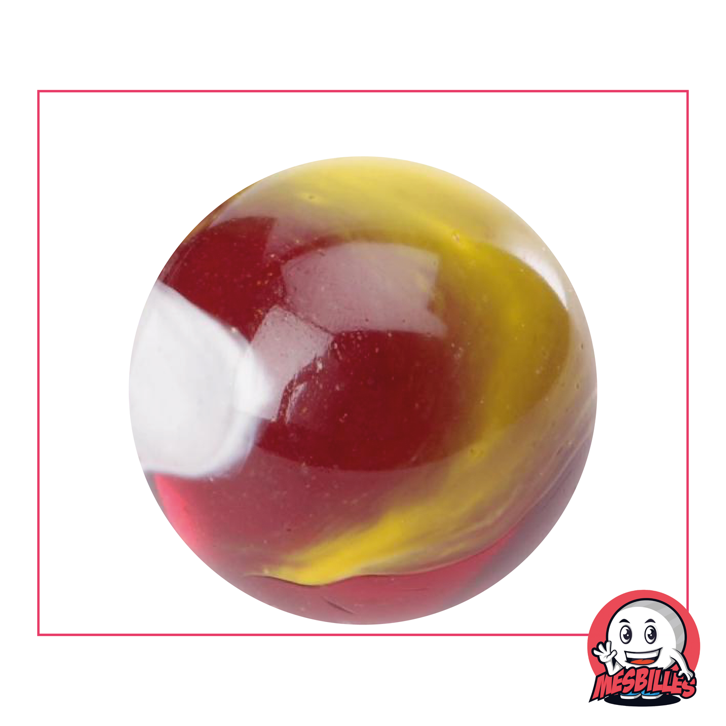 Canica Payaso de 42 mm en vidrio rojo oscuro translúcido con curvas blancas y amarillas, Canica Grande