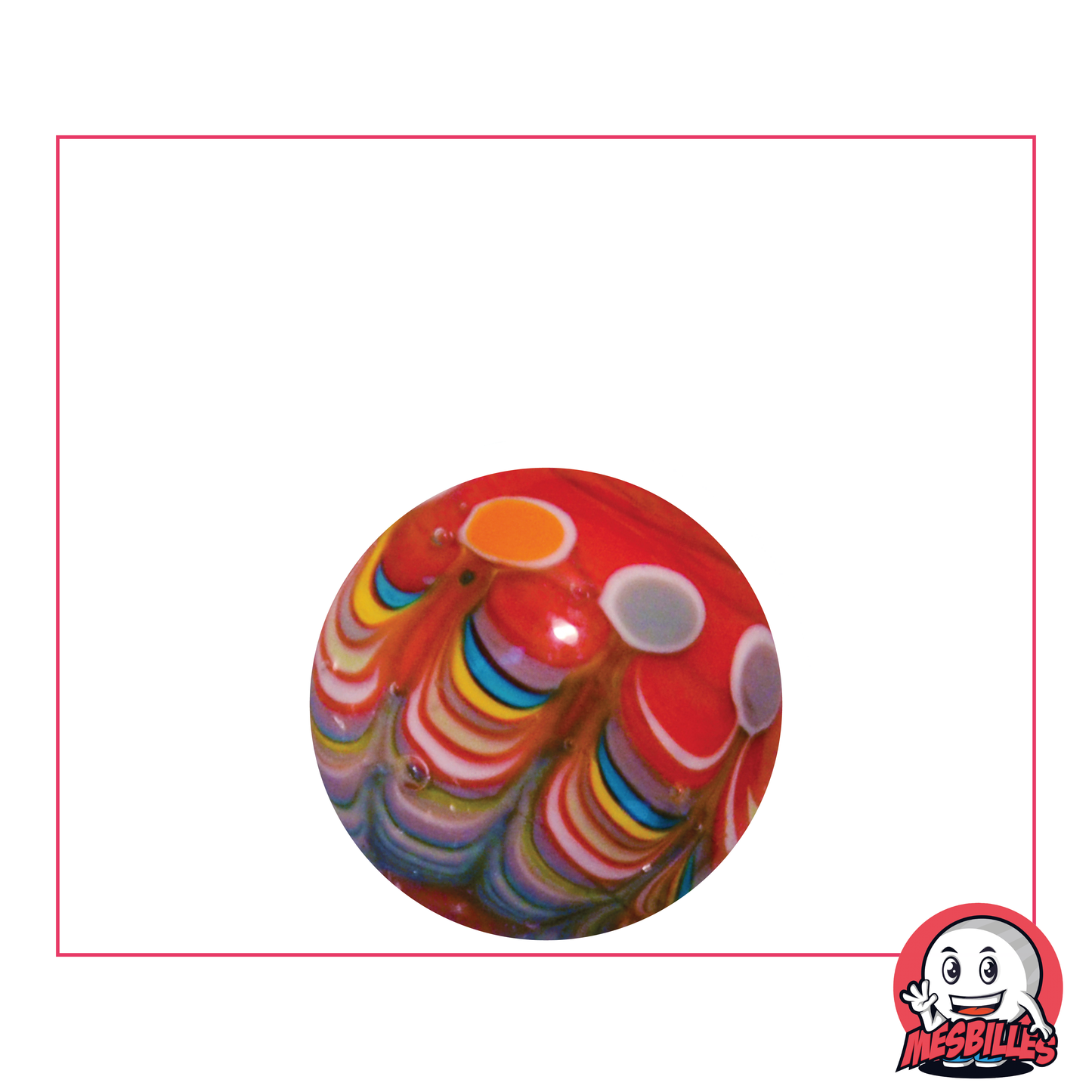 Canica Art Joker Roja 22 mm, canica personalizada hecha a mano con múltiples círculos de colores.