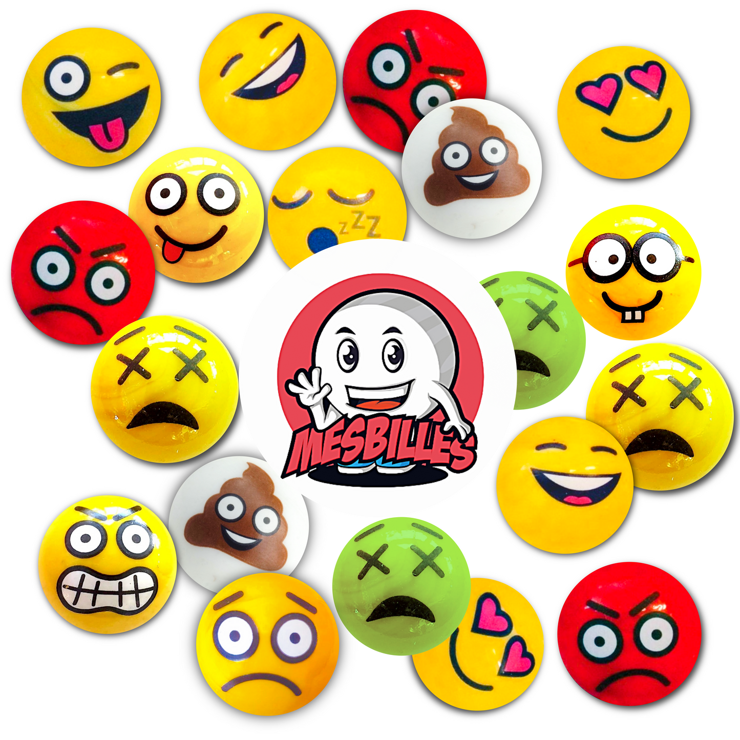 Círculo creativo de canicas con expresiones variadas que representan el universo emocional completo de la colección MisCanicas, alrededor del logotipo central.