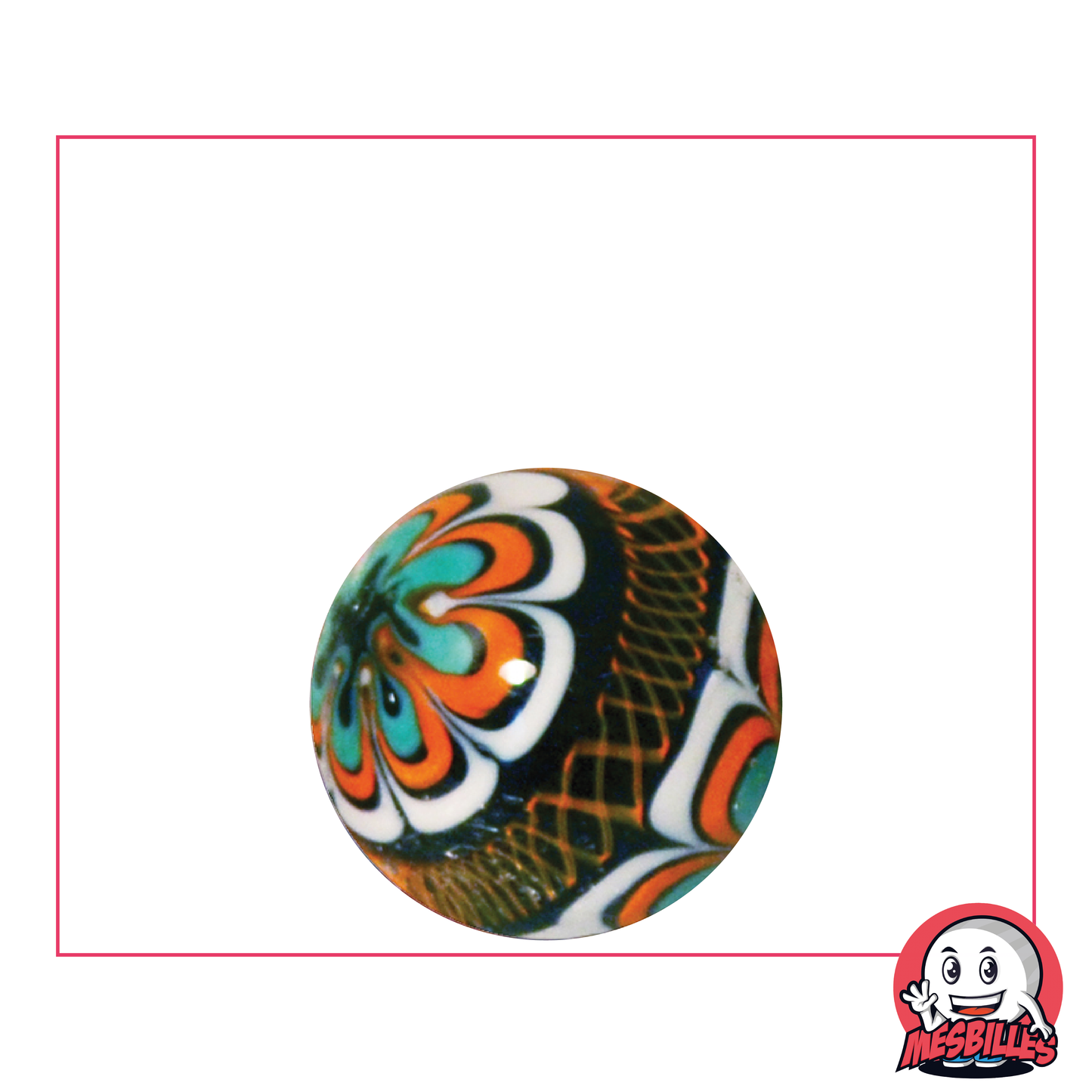 Canica artística Mandala Naranja 22 mm, canica artística de calidad, diseño Mandala con predominio del color naranja.