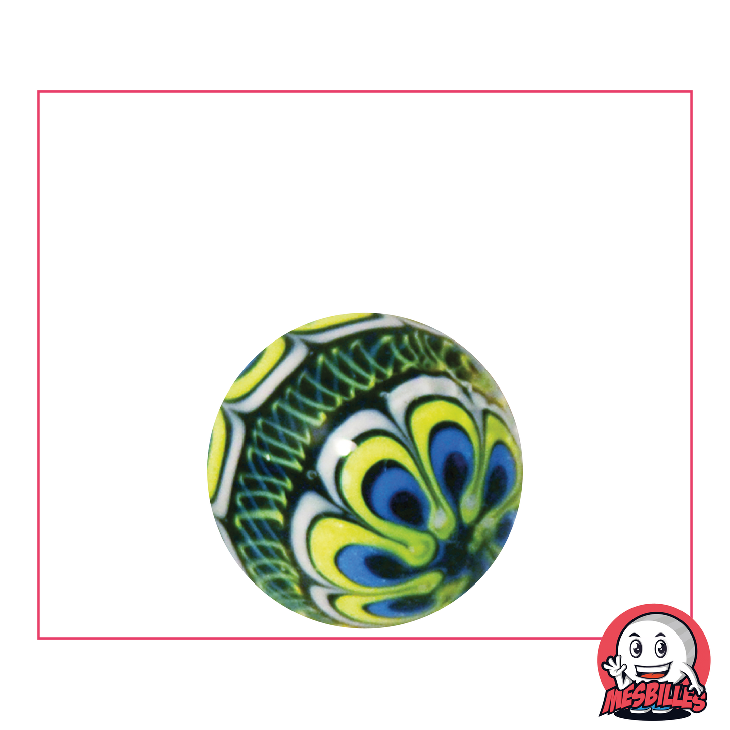 Canica Art Mandala Verde 22 mm, canica especial hecha a mano con un diseño de mandala en tonos verdes.