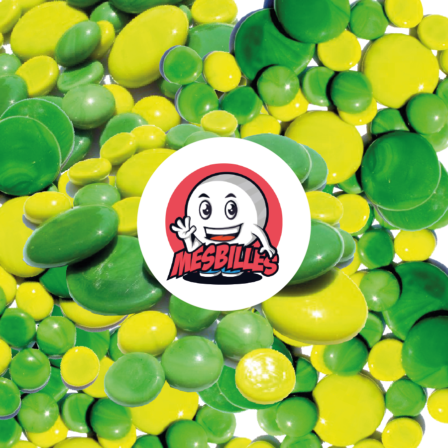 Mascota MisCanicas - Composición de canicas planas verde limón y verde, opacas, en varios tamaños