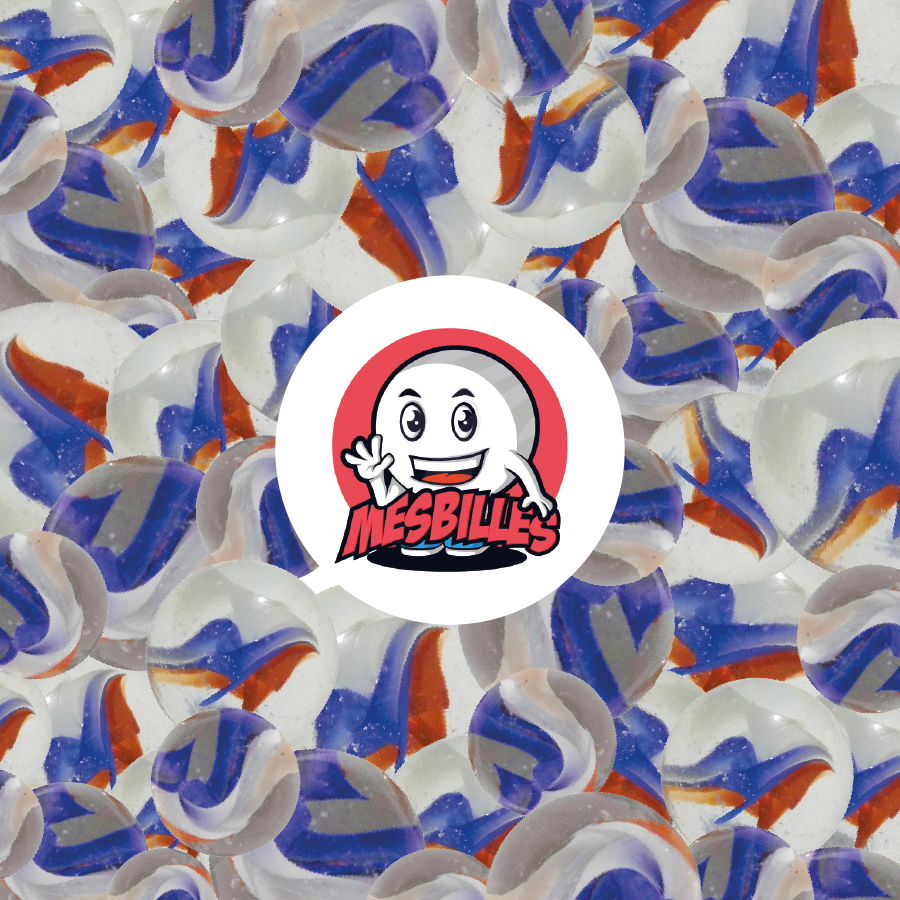 Aquí está la Canica Francesa de 16 mm, como una bandera con los colores de Francia. Esta canica está disponible en otros tamaños en la página web de MisCanicas.