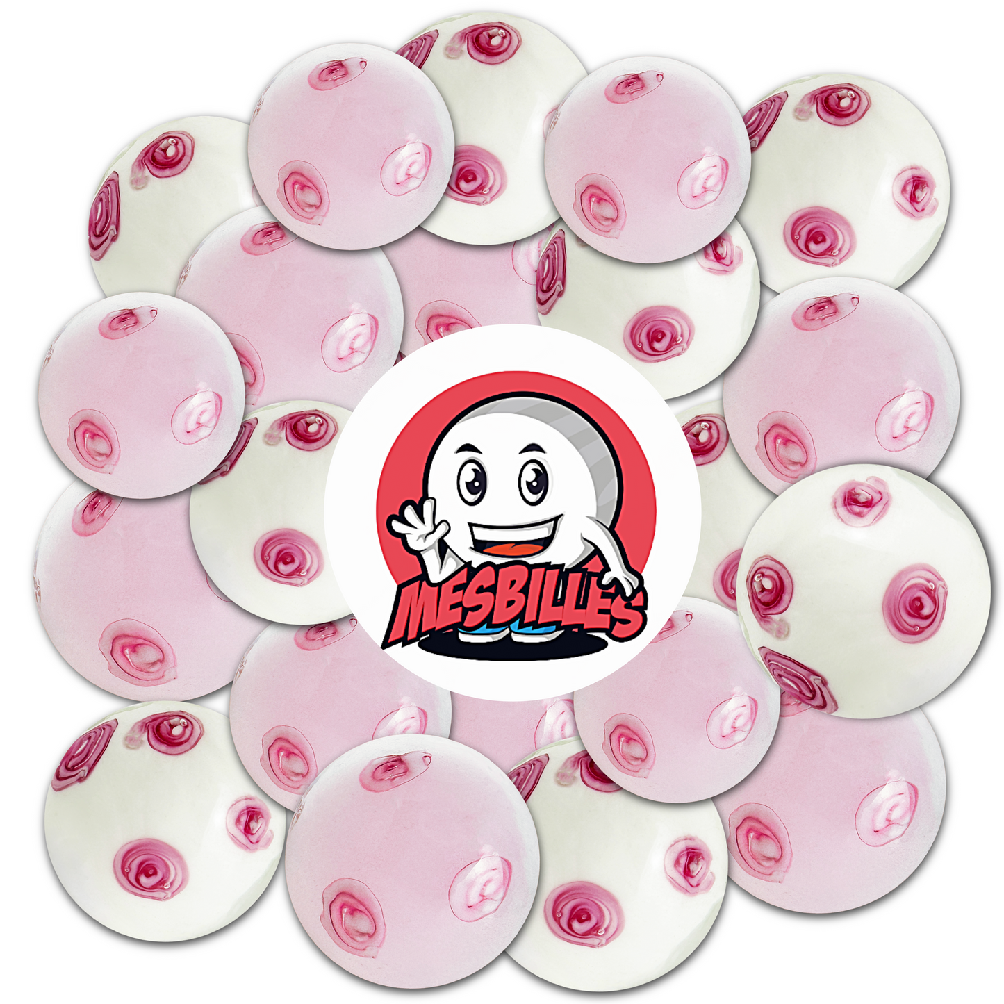 Mascota MisCanicas sobre canicas artísticas blancas artesanales de 22 mm decoradas con delicadas flores rosas, que simbolizan la frescura y la belleza efímera de la primavera japonesa.
