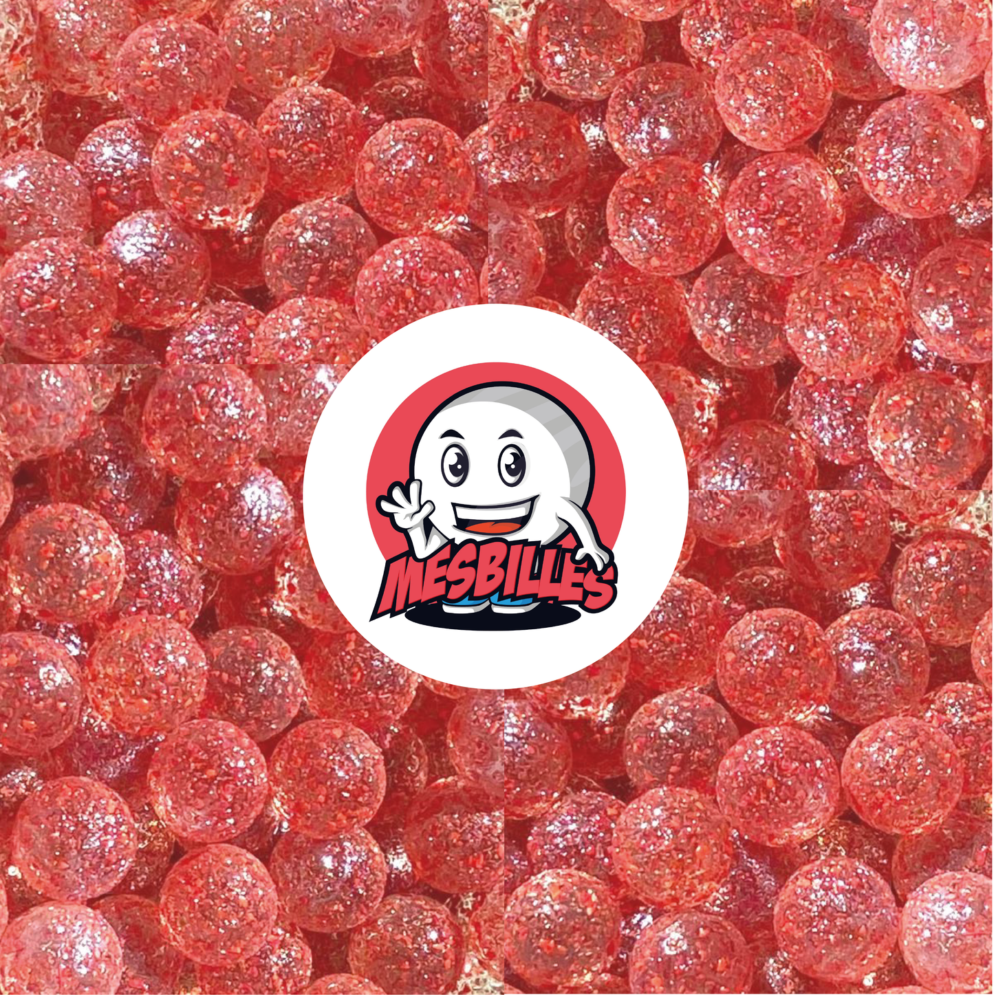 Imagen de la mascota MisCanicas rodeada de canicas Pépite de vidrio translúcido con destellos ROJOS de 35 mm