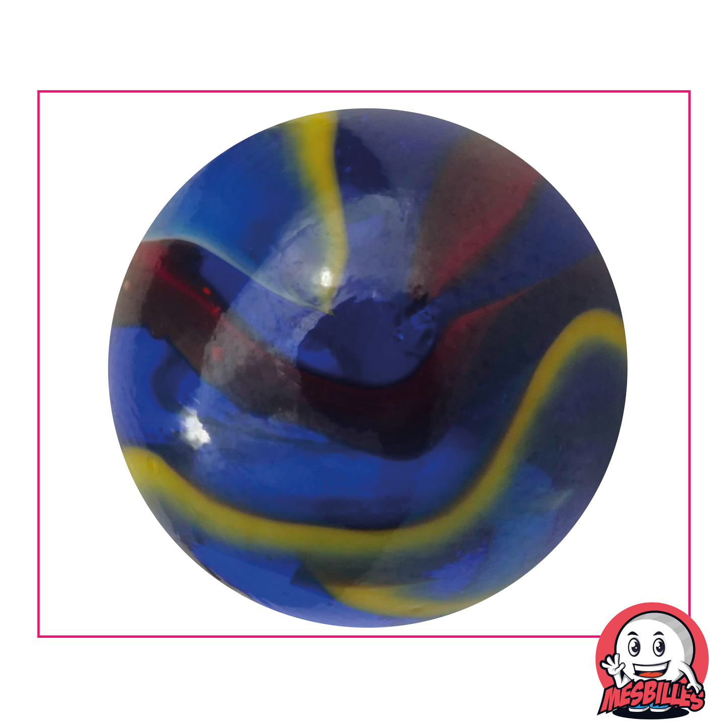 Canica Miguel Ángel 50 mm de cristal azul, con rayas rojas, blancas y amarillas - MisCanicas