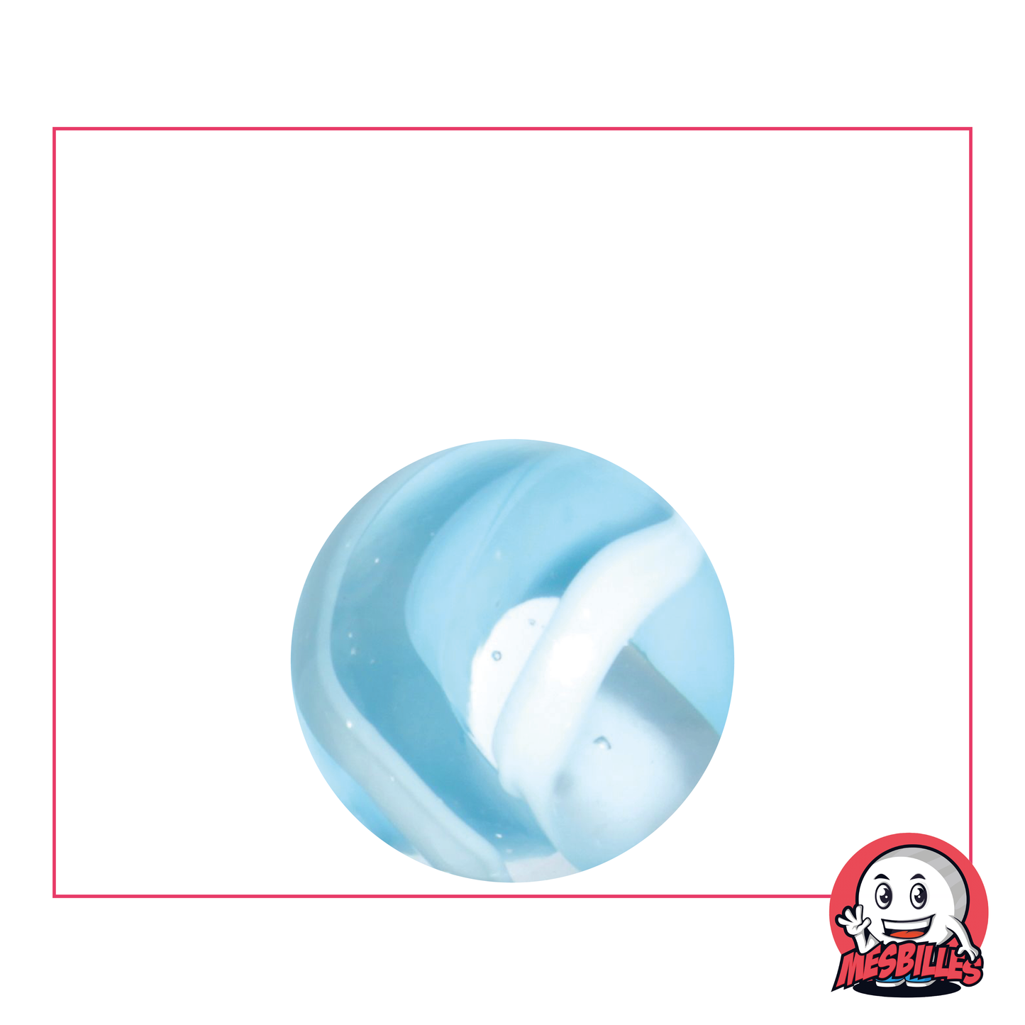 Canica Nieve, mini canica de cristal translúcido parcialmente recubierta de blanco y azul claro