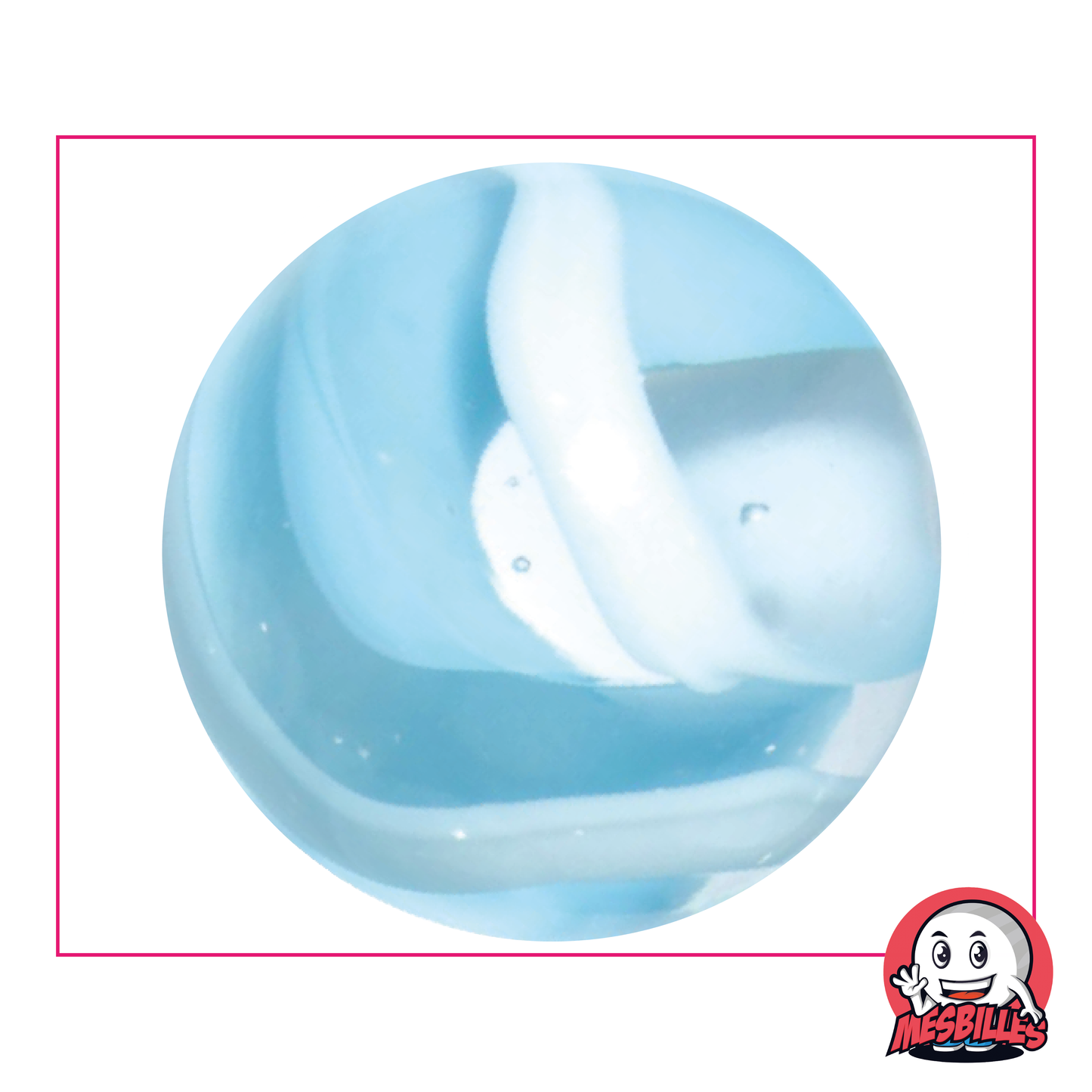 Canica Nieve 50 mm color cristal atravesada por blanco y azul claro, canica grande de gran tamaño