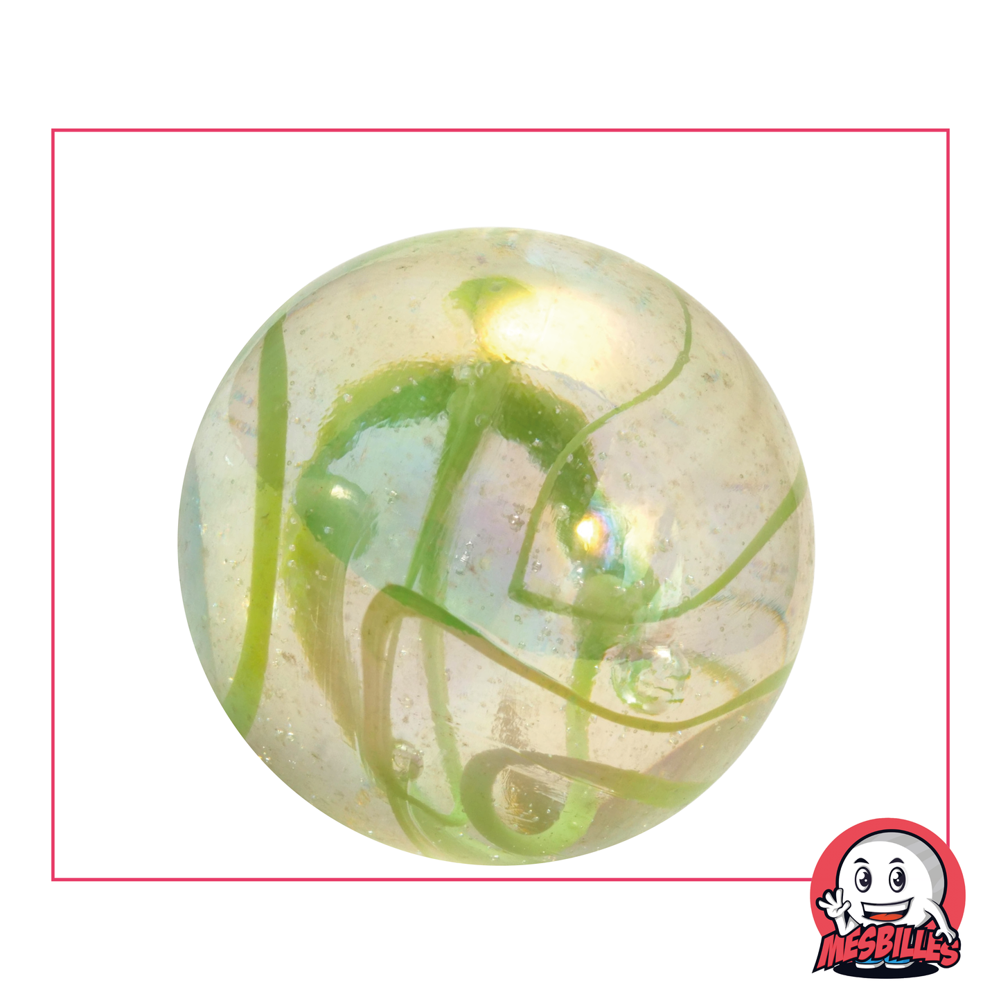 Canica con cinta verde de 42 mm Canica grande transparente atravesada por trazos verdes, canica de tamaño ballena