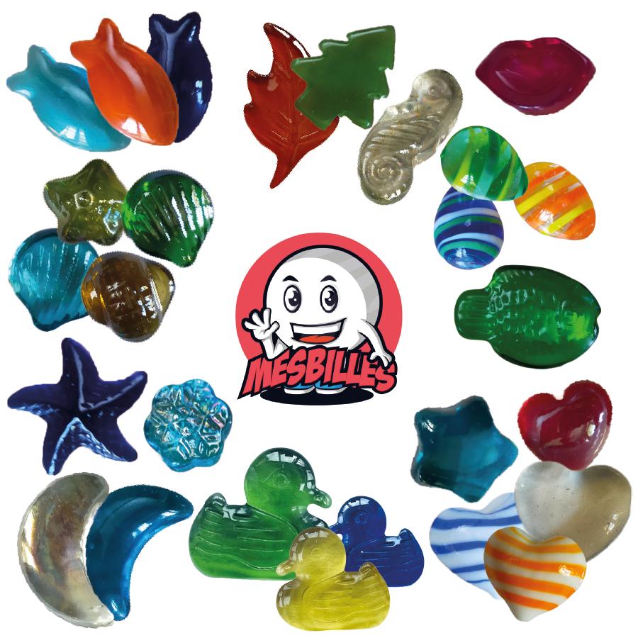 Canicas planas de vidrio, canicas con formas: canicas de pato, canicas con boca, canicas con forma de hoja, canicas con forma de huevo, canicas con forma de corazón, canicas con forma de pez