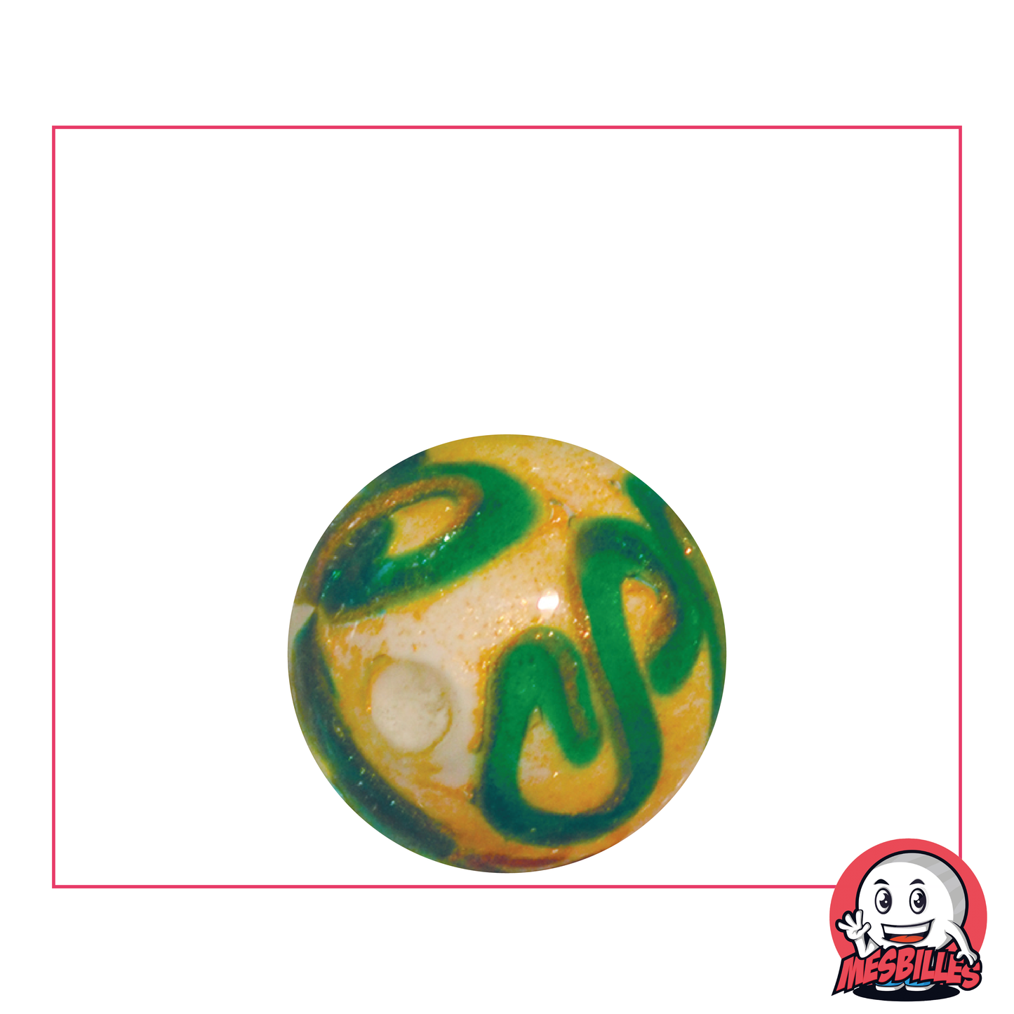 Canica Artística Joya Verde 22 mm, canica artesanal única blanca, arabescos verdes y purpurina dorada.
