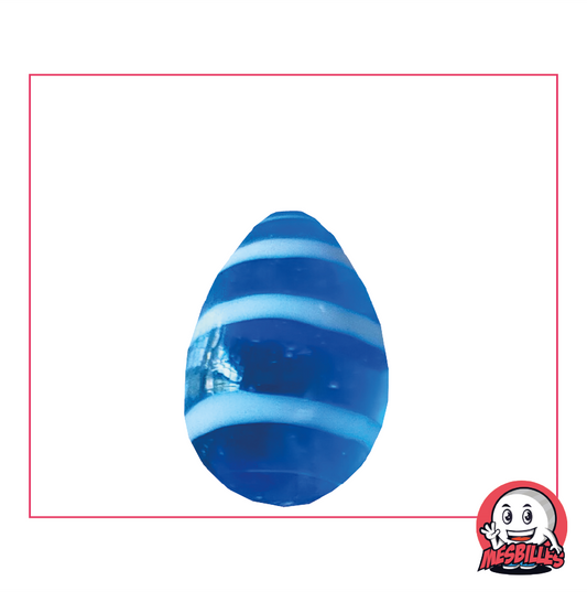 Canica Ovoide MesBilles, forma poco convencional, cristal azul intenso rayado en blanco y azul, 25 mm