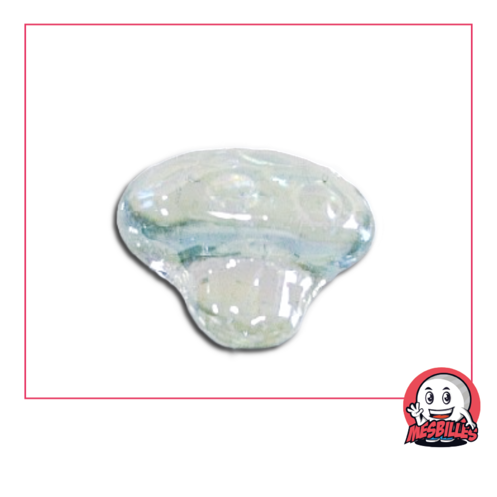 Foto de una canica con forma de seta pequeña de cristal translúcido claro, vendida por unidad en la tienda MisCanicas.