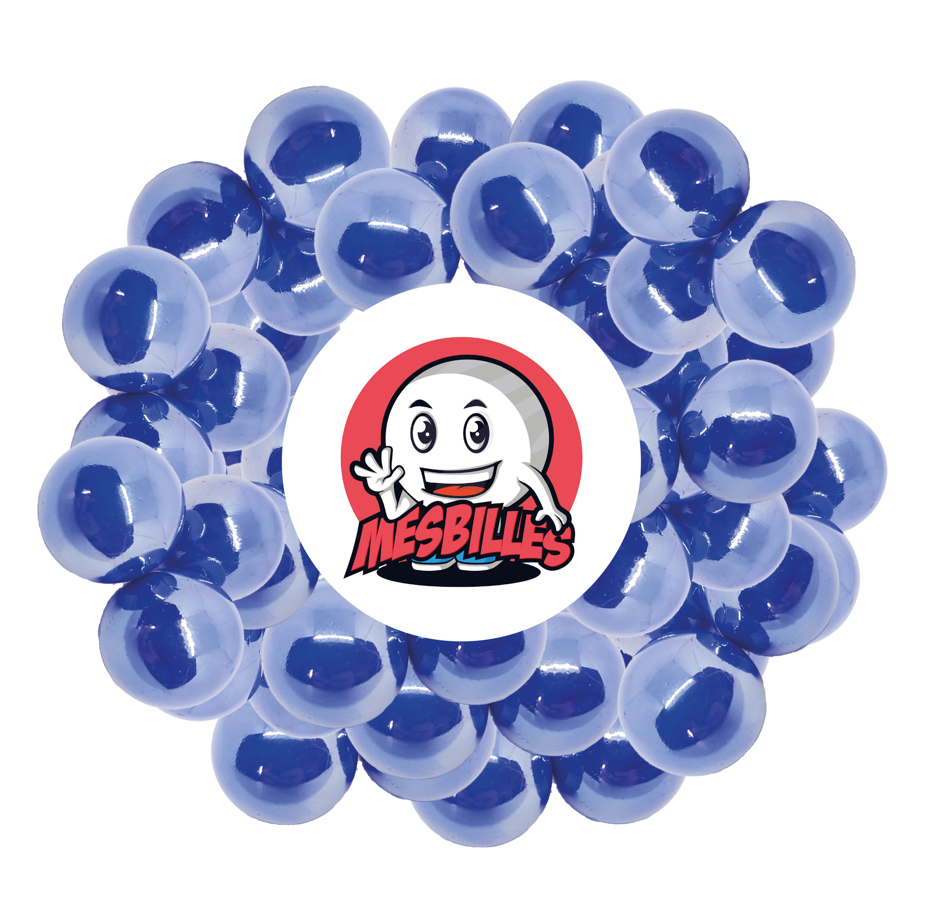 Imagen de la mascota MisCanicas rodeada de Canicas Brillantes 25 mm - Vidrio Opaco y Brillante Azul Nacarado - MisCanicas