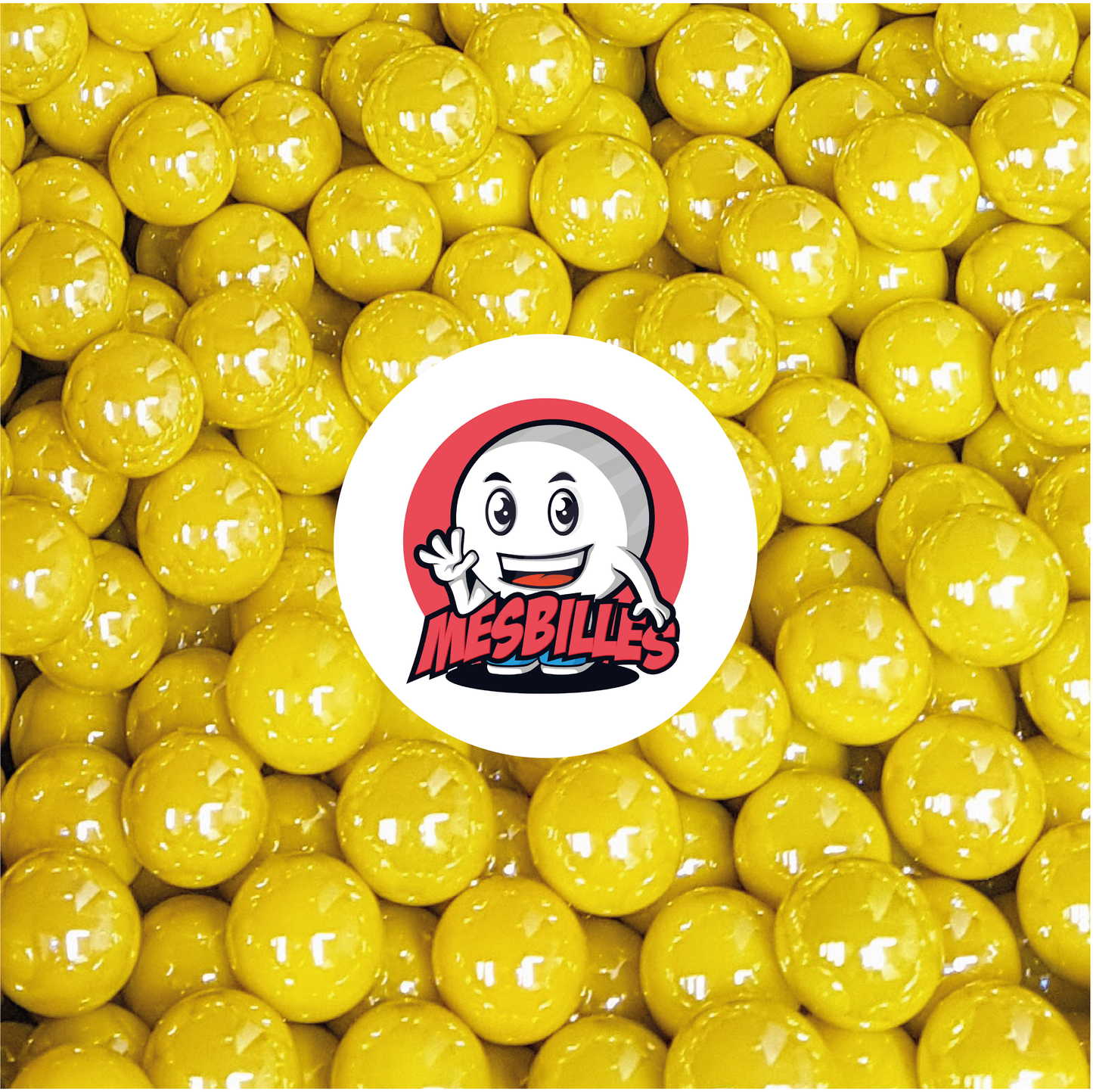 Imagen de la mascota MisCanicas rodeada de Canicas Brillantes 25 mm - Vidrio Opaco y Brillante Amarillo Nacarado