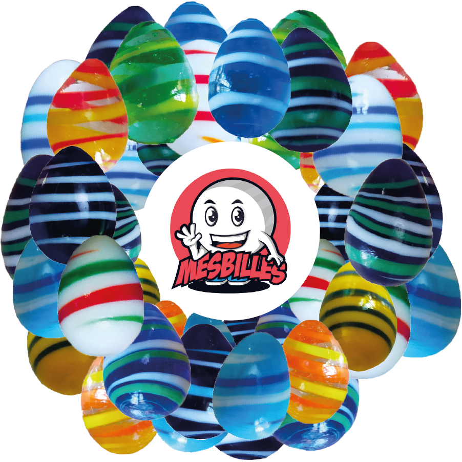 Imagen de la mascota MisCanicas rodeada de Canicas Huevo MisCanicas, forma no convencional, cristal azul intenso rayado blanco y azul, 25 mm. Canicas Huevo MisCanicas, forma no convencional, cristal azul intenso rayado blanco y azul, 25 mm.