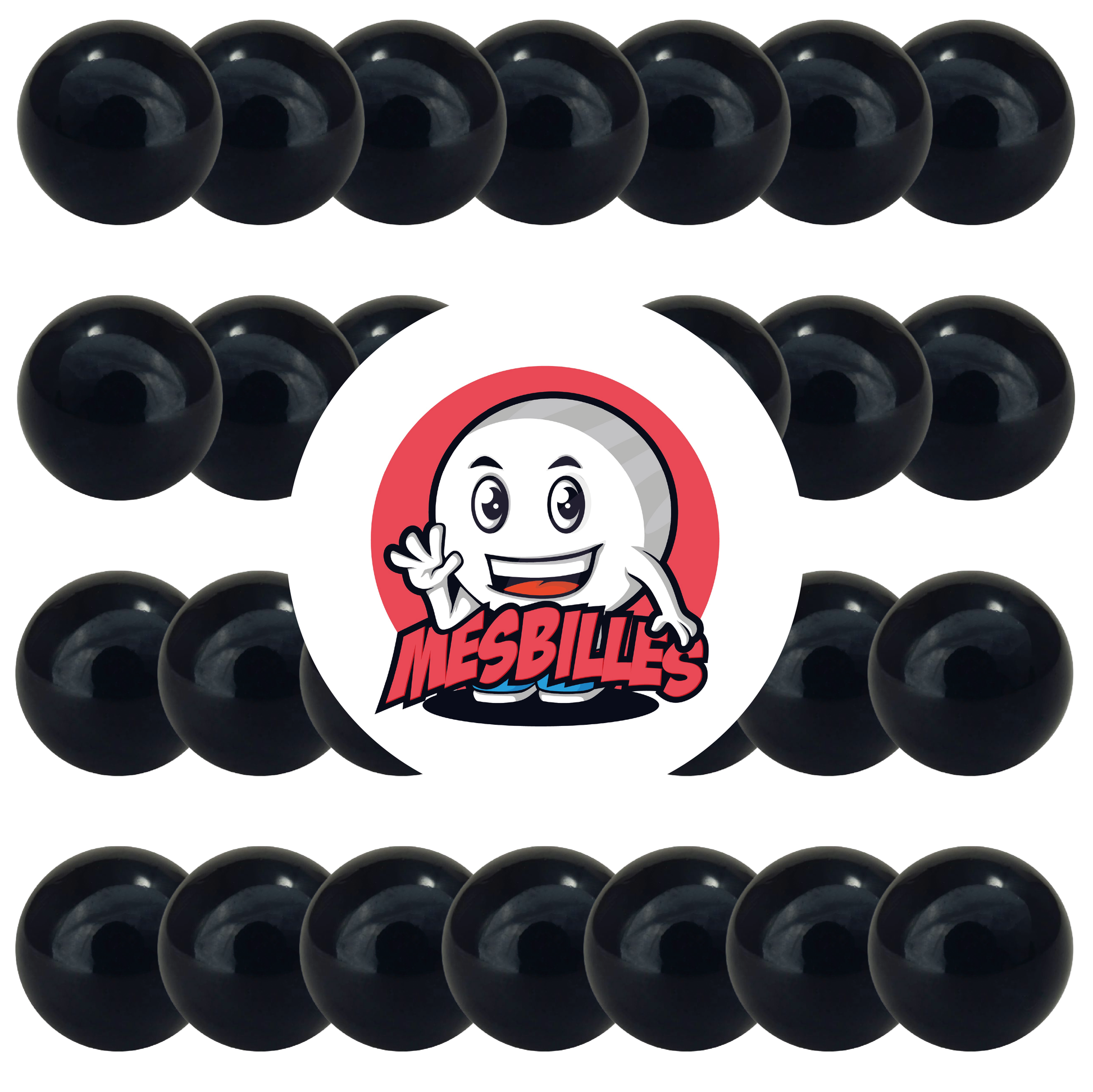 Imagen de la mascota MisCanicas rodeada de canicas opacas negras de 14 mm - Canica de vidrio redonda