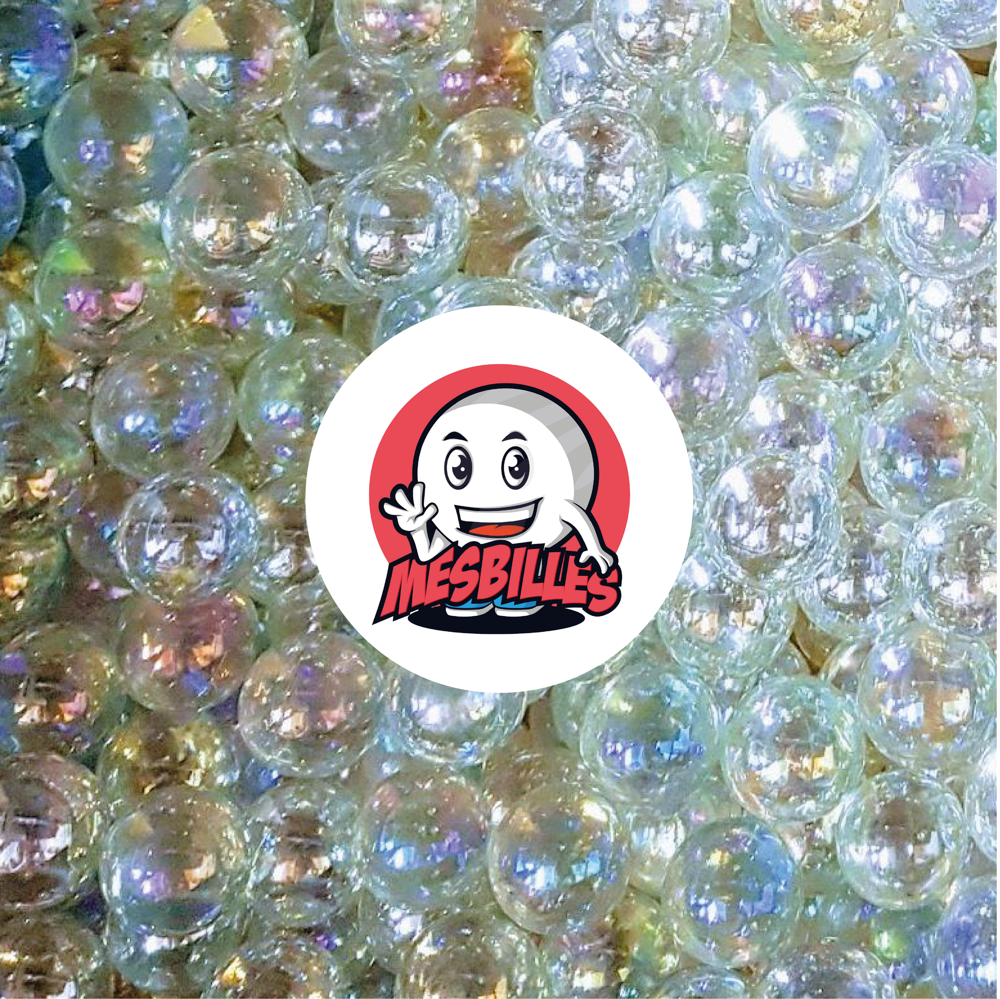 Imagen de la mascota MisCanicas rodeada de canicas redondas irisadas color cristal, 42 mm